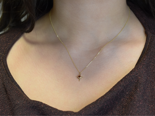 14k Gold Garnet North Star Necklace 0.10ct: Minimalist Starburst Pendant, January Birthstone Gift