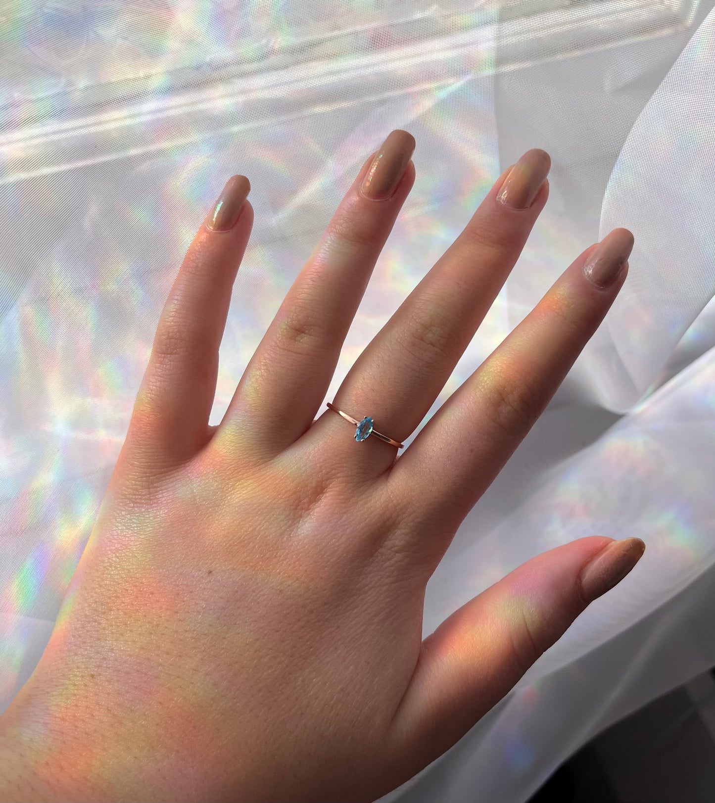 14k gold blue topaz ring , marquis shaped blue topaz