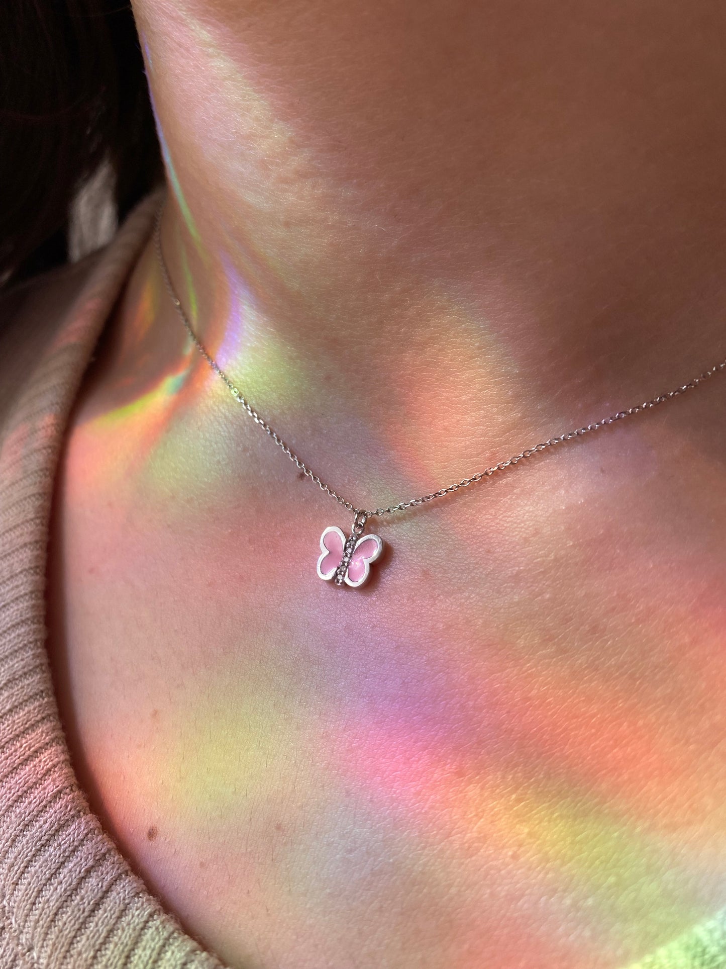 Pink Enamel Diamond Butterfly Necklace