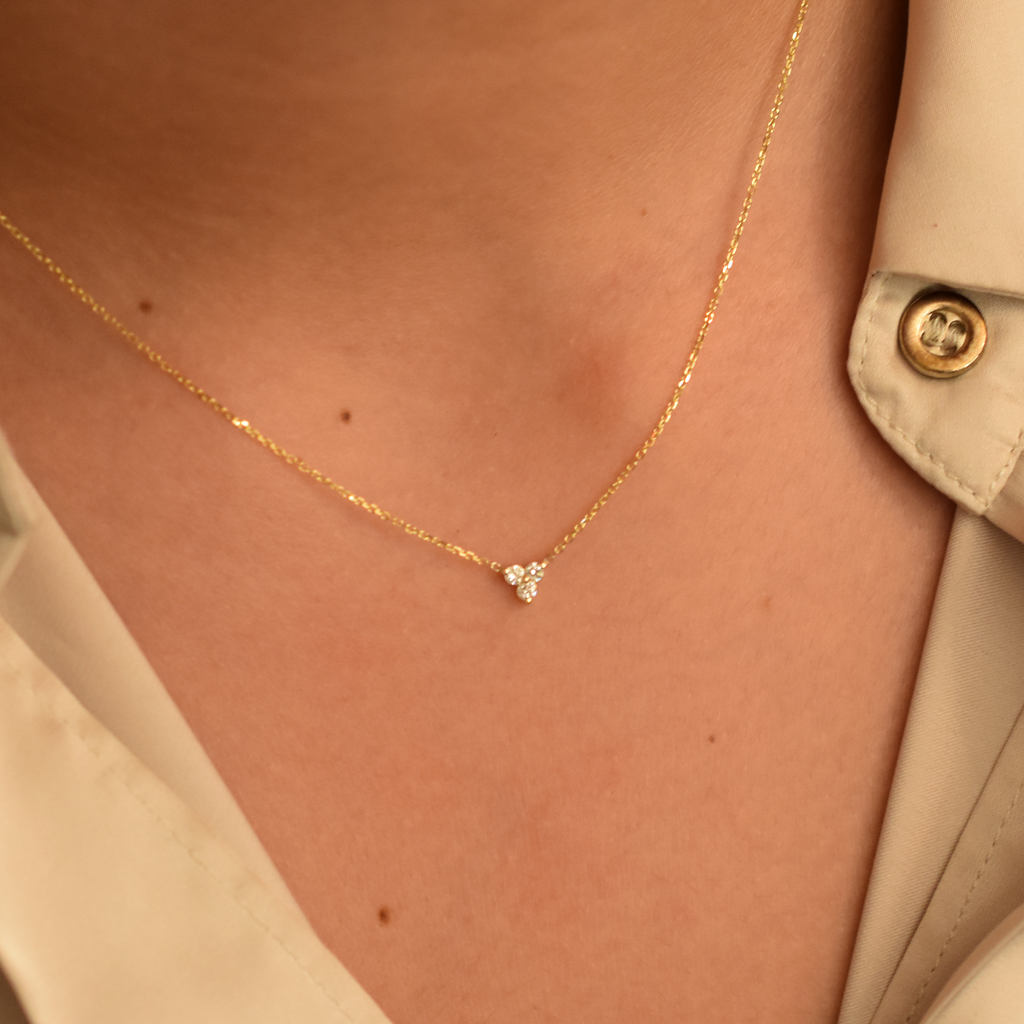 14K Gold Diamond 3 Stone Cluster Necklace | 0.08 Carat | Elegant Jewelry