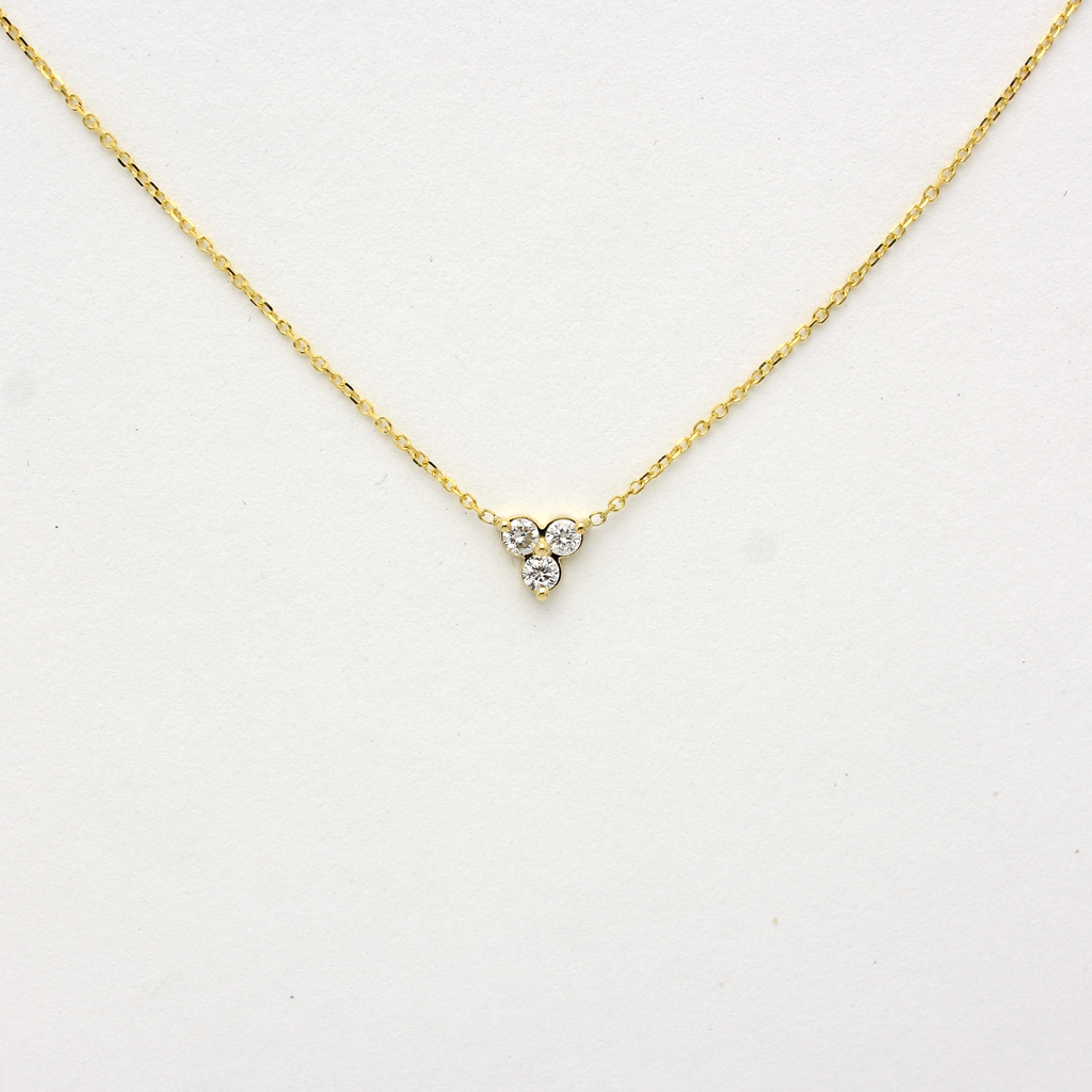14k Gold Diamond 3 Stone Cluster Necklace 0.15 ct