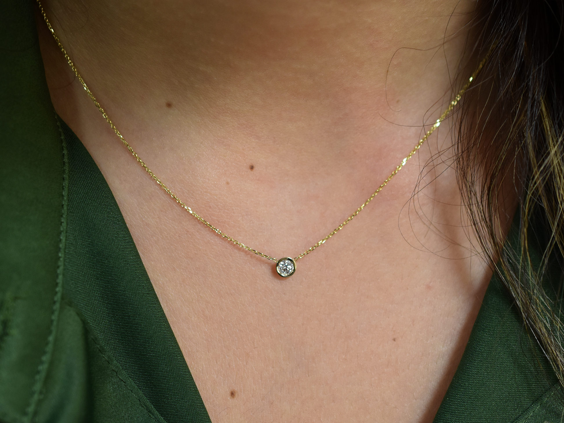 14k gold bezel set diamond solitaire necklace 0.20 carat natural diamonds