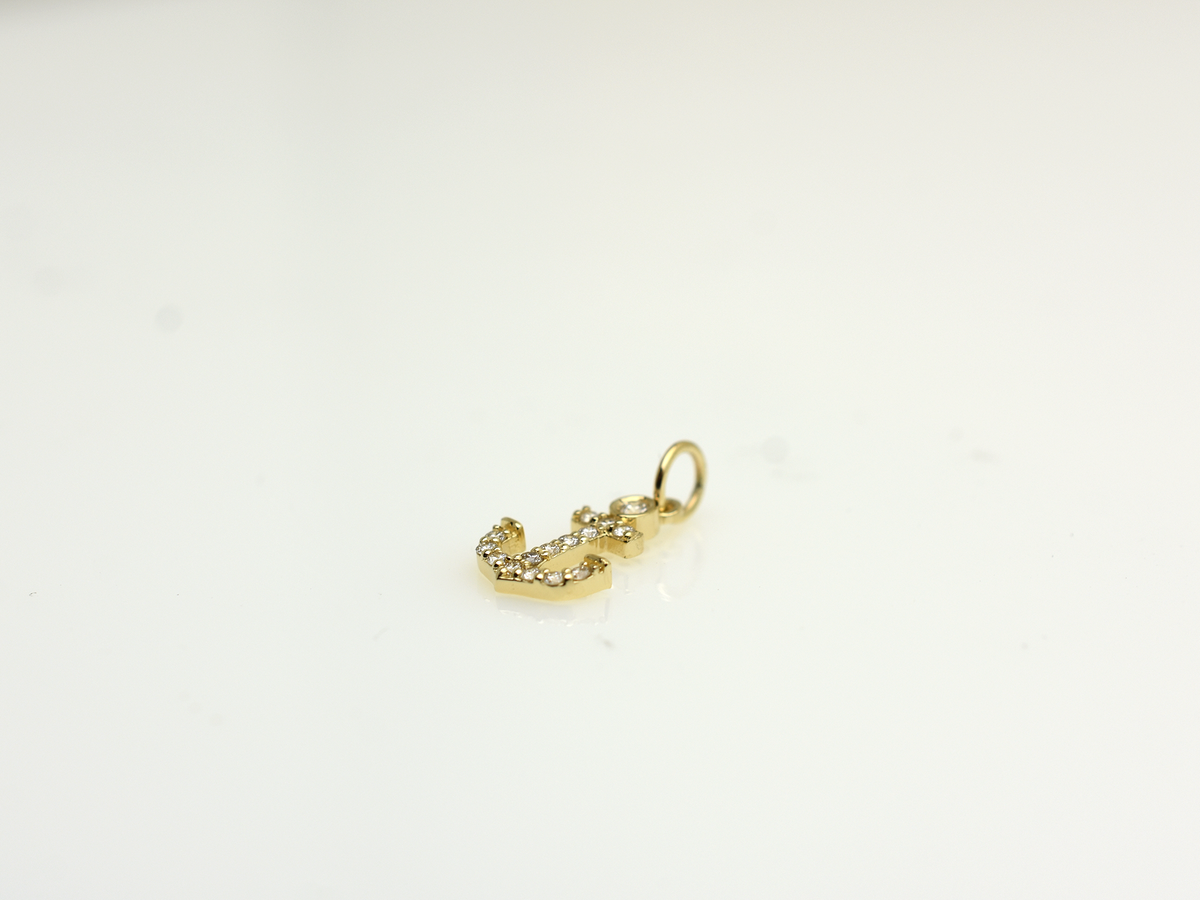 14k Gold and diamond Anchor necklace pendant with a 14k solid gold cable link chain, the diamonds are prong set and bezel set sliding on the chain displayed on a white background