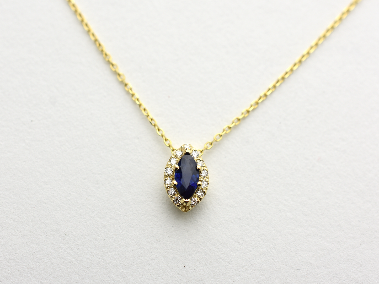 14K Gold Marquise Sapphire Diamond Halo Necklace