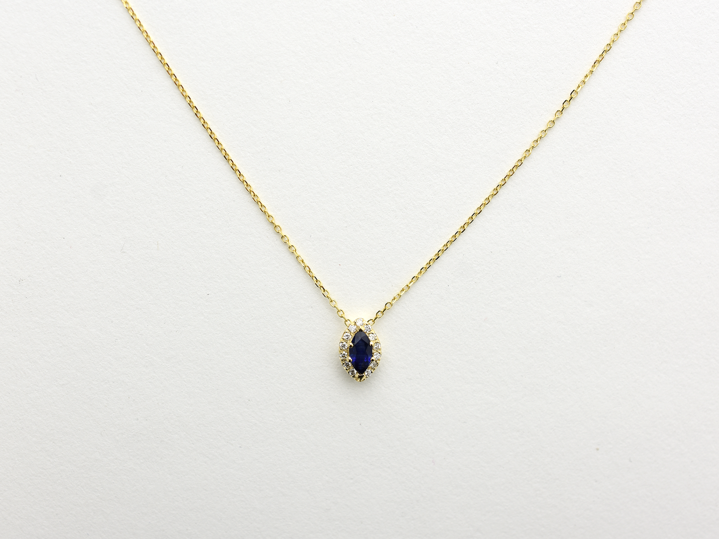 14K Gold Marquise Sapphire Diamond Halo Necklace