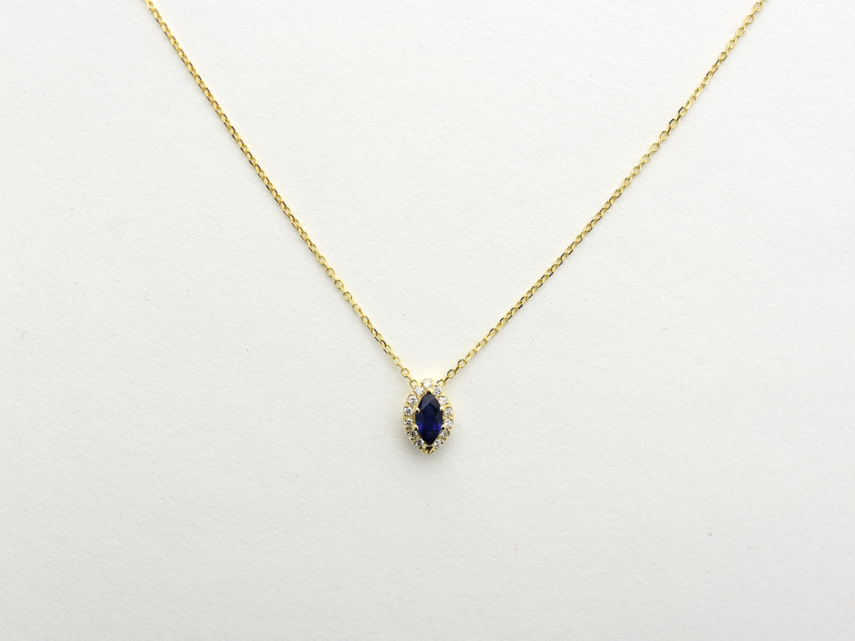 14K Gold Marquise Sapphire Diamond Halo Necklace