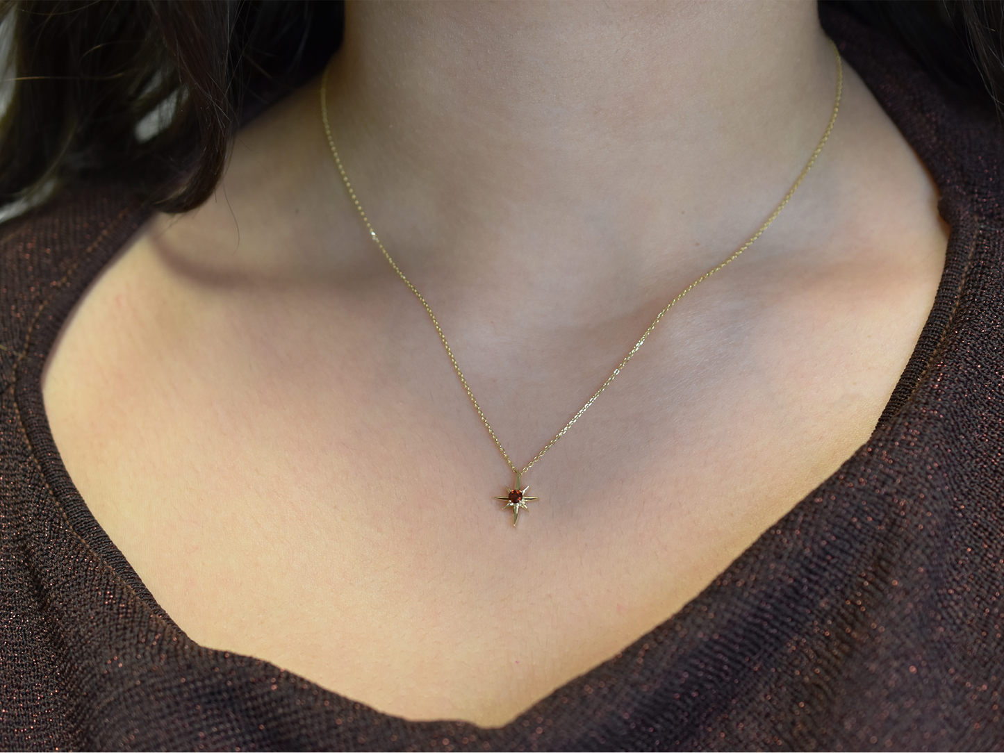 14k Gold Garnet North Star Necklace 0.10ct: Minimalist Starburst Pendant, January Birthstone Gift