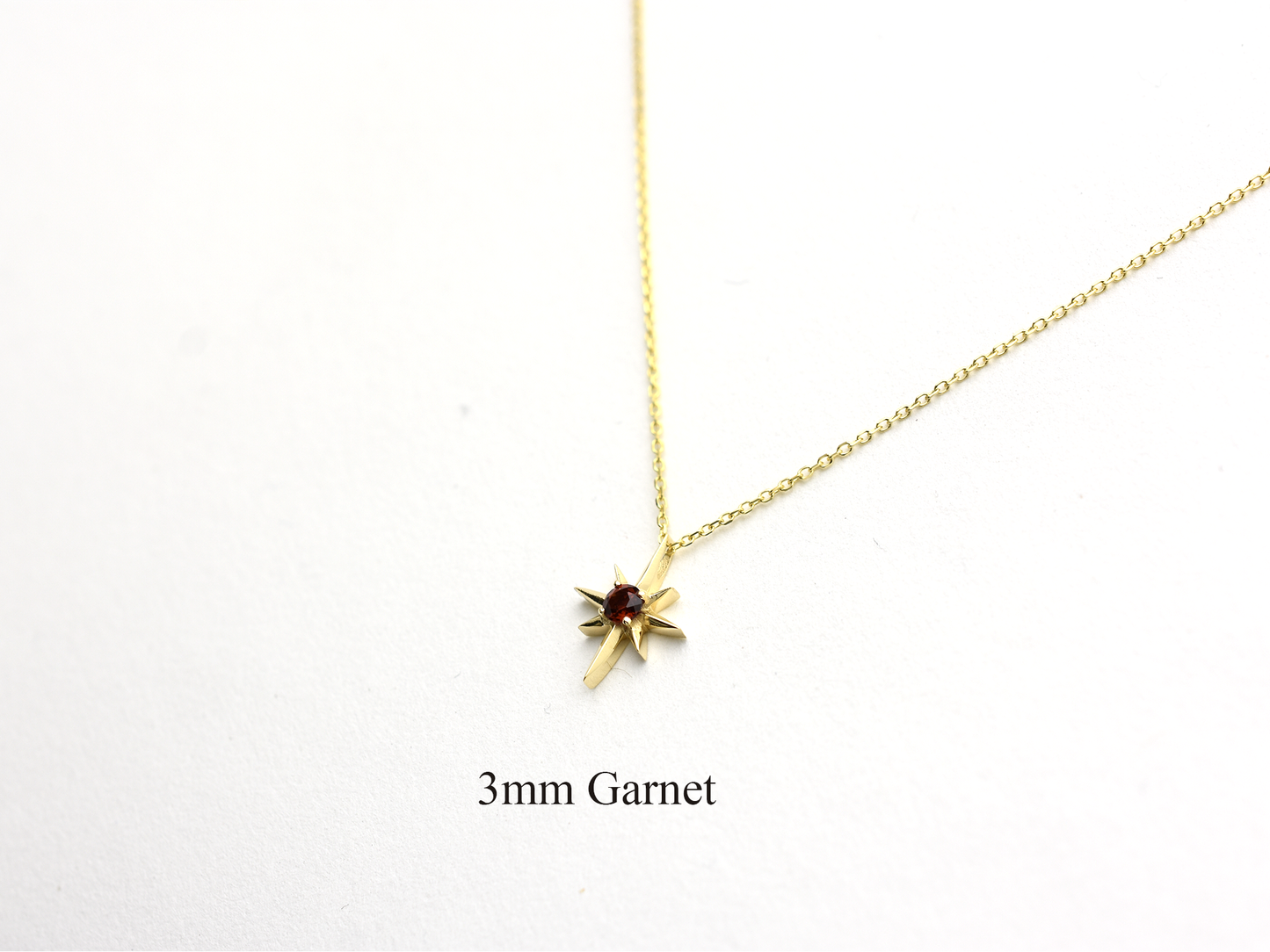 14k Gold Garnet North Star Necklace 0.10ct: Minimalist Starburst Pendant, January Birthstone Gift
