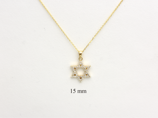 A gold-colored necklace with a Star of David pendant. The pendant is 15 mm in size and is encrusted with natural diamonds. The chain is delicate and hangs against a white background.