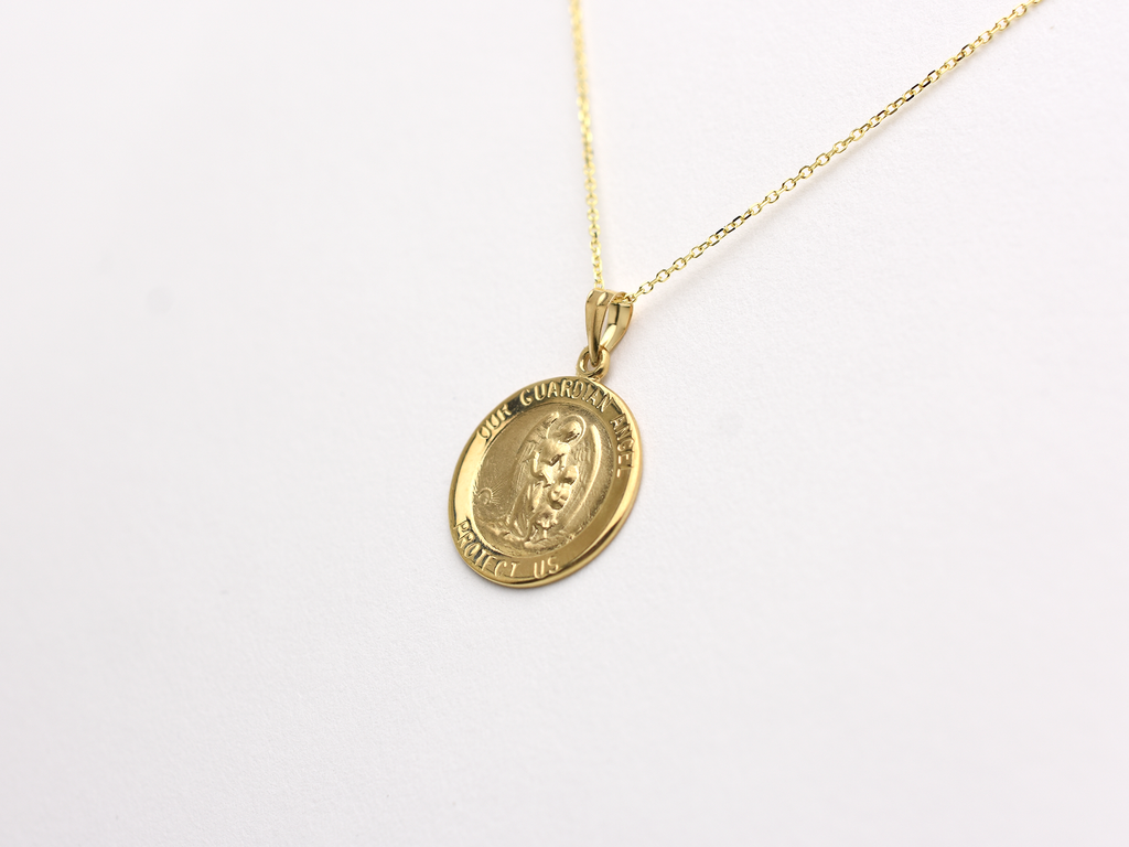 14k solid gold 17 mm Guardian Angel charm necklace .perfect for layering everyday look displayed on a white background . intended for all ages and for men and ladies