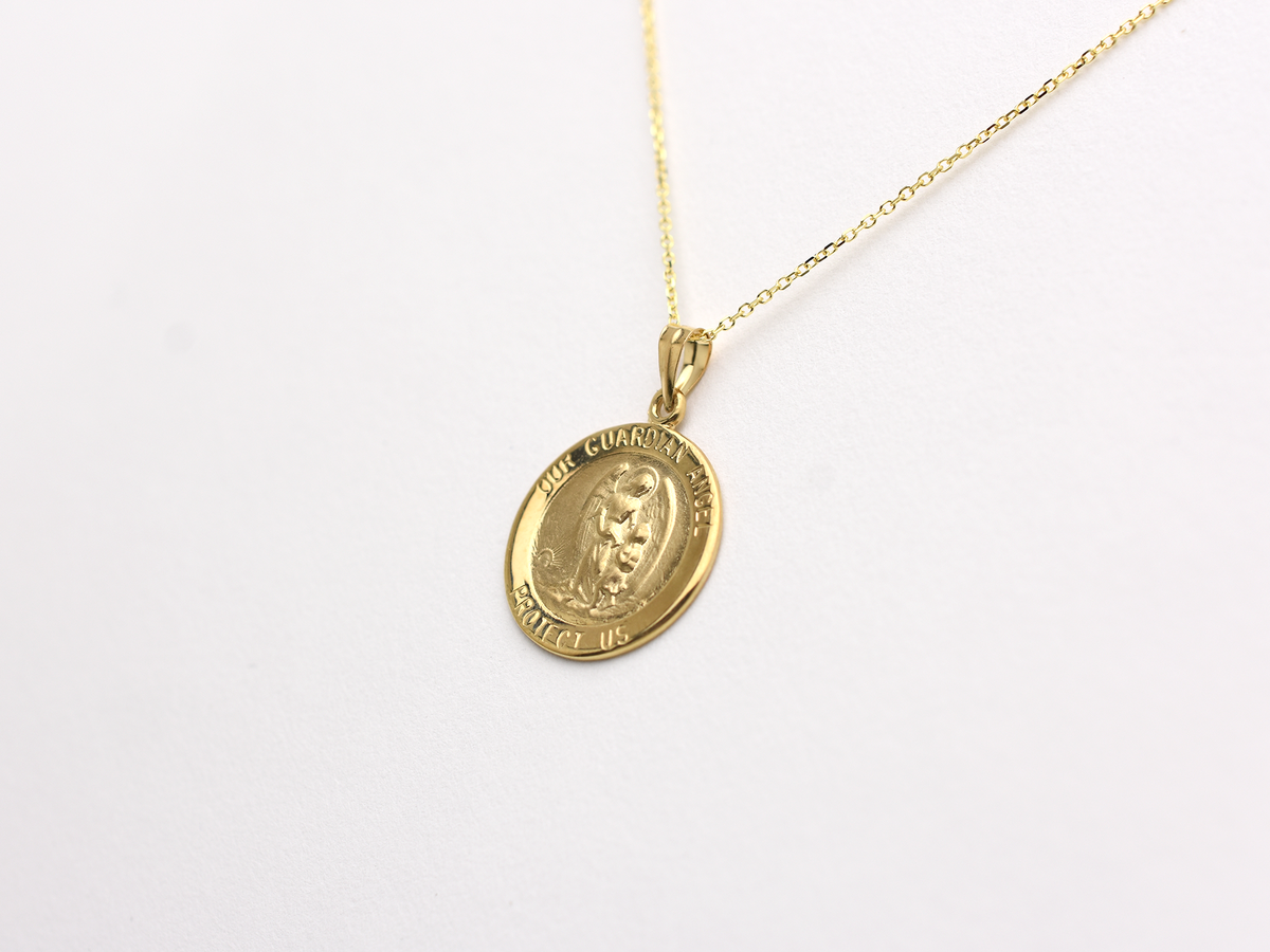 14k solid gold 17 mm Guardian Angel charm necklace .perfect for layering everyday look displayed on a white background . intended for all ages and for men and ladies