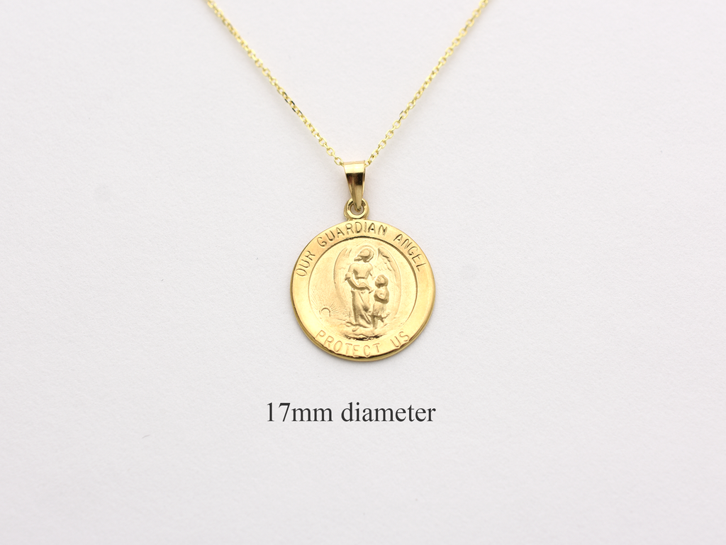 14k solid gold 17 mm Guardian Angel charm necklace .perfect for layering everyday look displayed on a white background . intended for all ages and for men and ladies