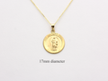 14k solid gold 17 mm Guardian Angel charm necklace .perfect for layering everyday look displayed on a white background . intended for all ages and for men and ladies
