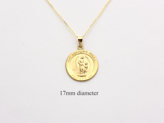 14k solid gold 17 mm Guardian Angel charm necklace .perfect for layering everyday look displayed on a white background . intended for all ages and for men and ladies
