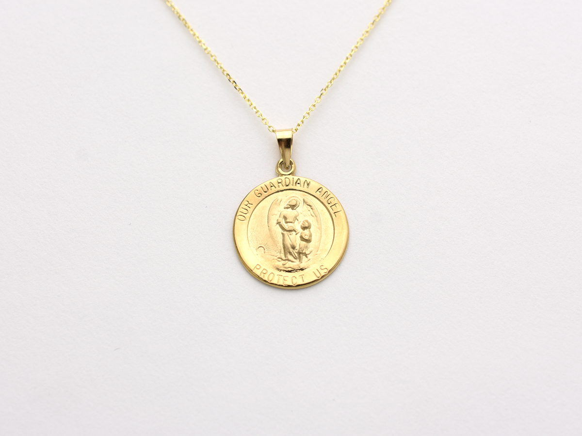 14k solid gold 17 mm Guardian Angel charm necklace .perfect for layering everyday look displayed on a white background . intended for all ages and for men and ladies