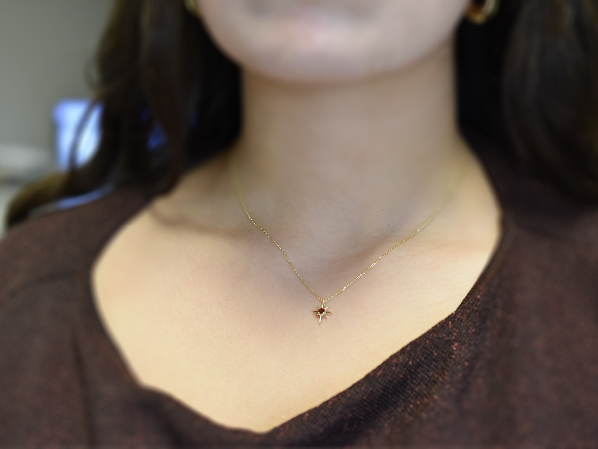 14k Gold Garnet North Star Necklace 0.10ct: Minimalist Starburst Pendant, January Birthstone Gift