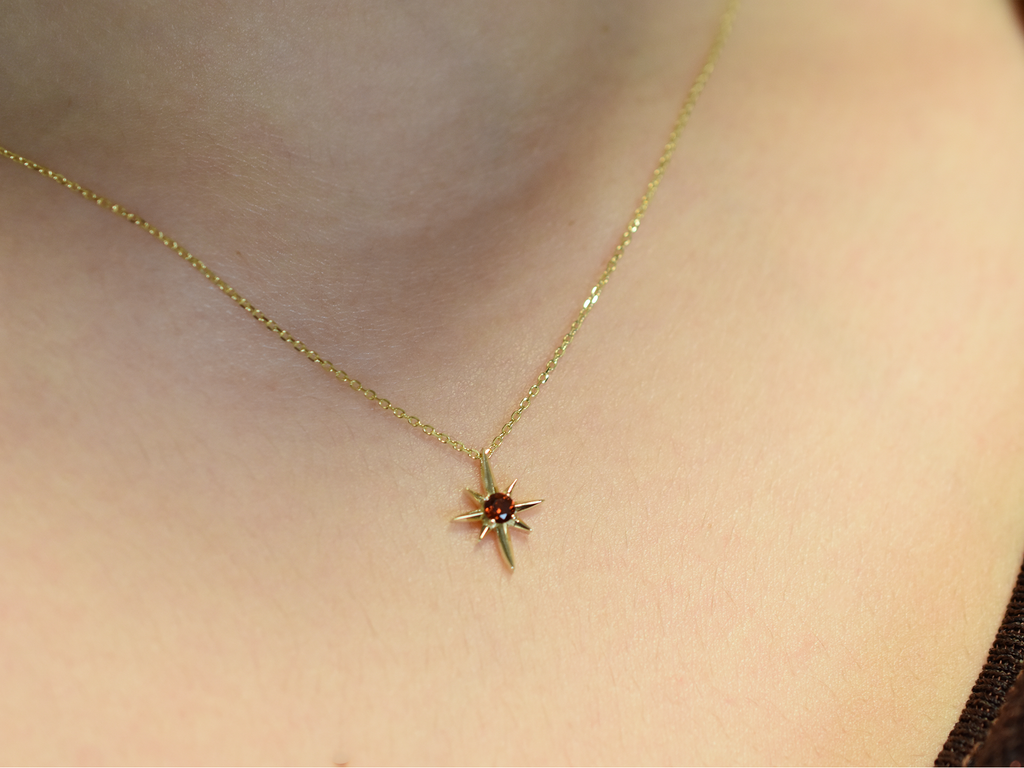 14k Gold Garnet North Star Necklace 0.10ct: Minimalist Starburst Pendant, January Birthstone Gift