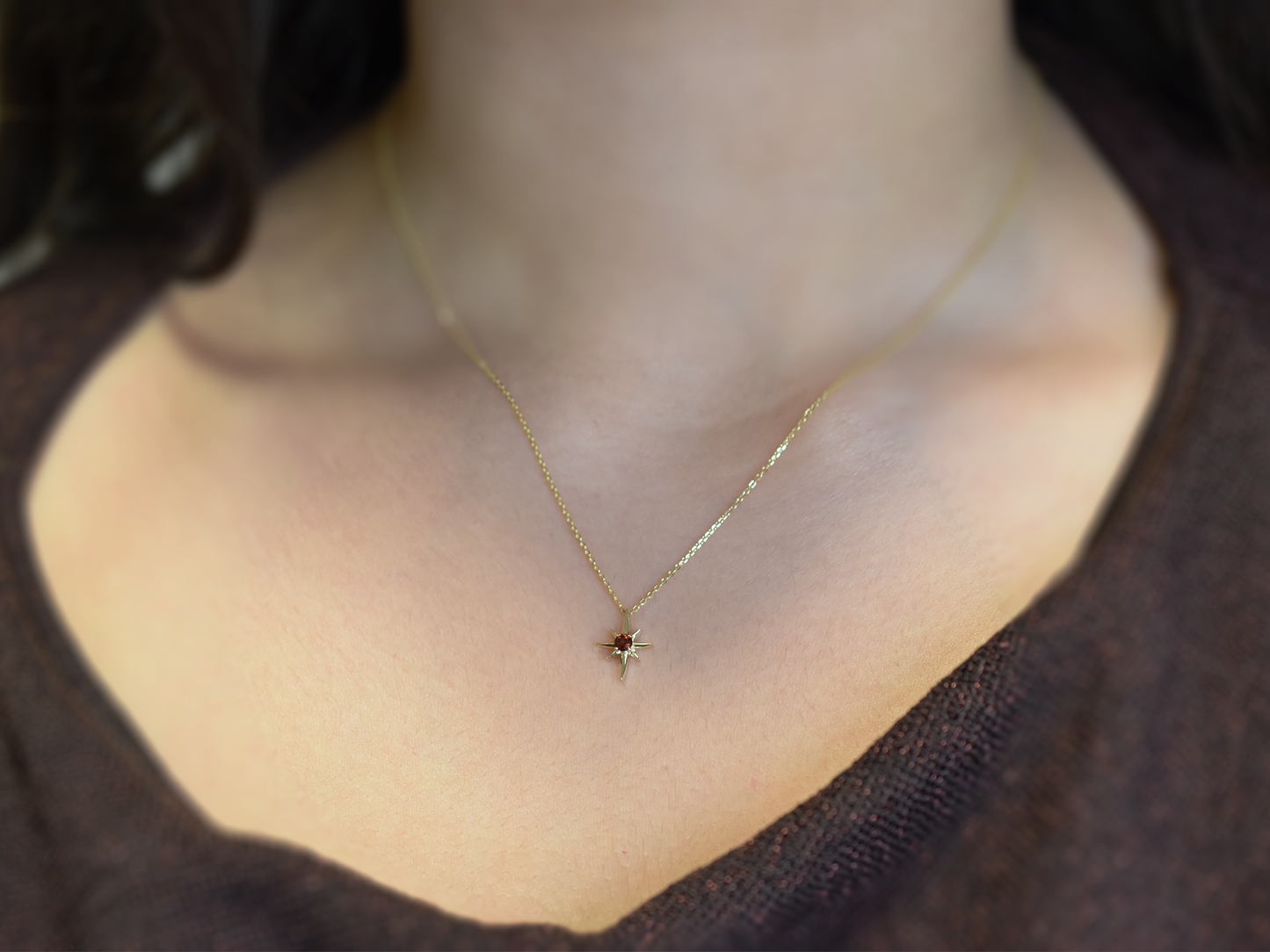 14k Gold Garnet North Star Necklace 0.10ct: Minimalist Starburst Pendant, January Birthstone Gift