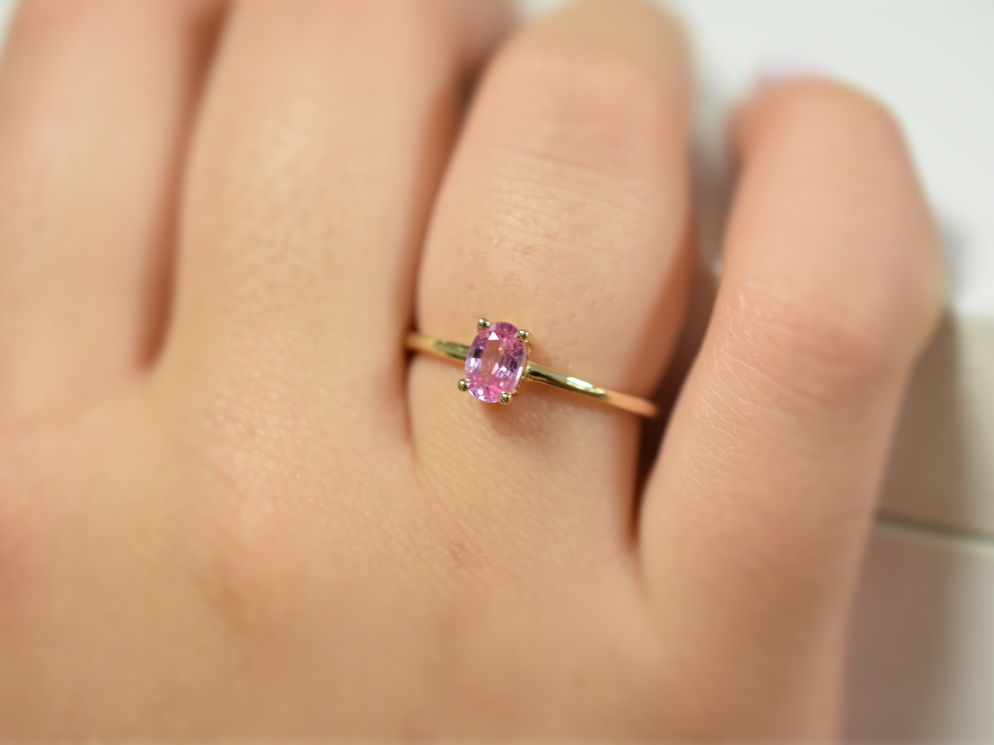 Natural pink sapphire ring in 14k gold with 0.56 carat oval stone, dainty fine jewelry gift, minimalist real gold promise ring on finger