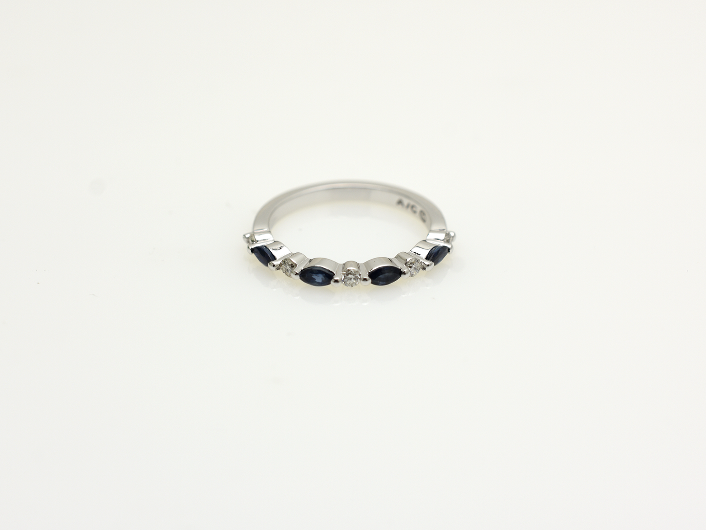 14k White Gold Natural Sapphire & Diamond Ring | Marquise & Round Band