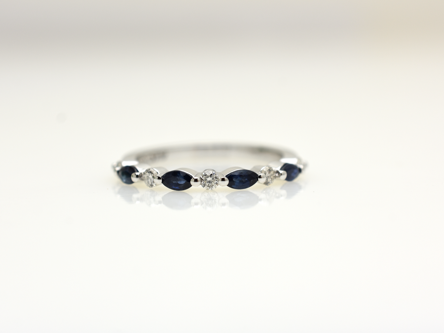 14k White Gold Natural Sapphire & Diamond Ring | Marquise & Round Band