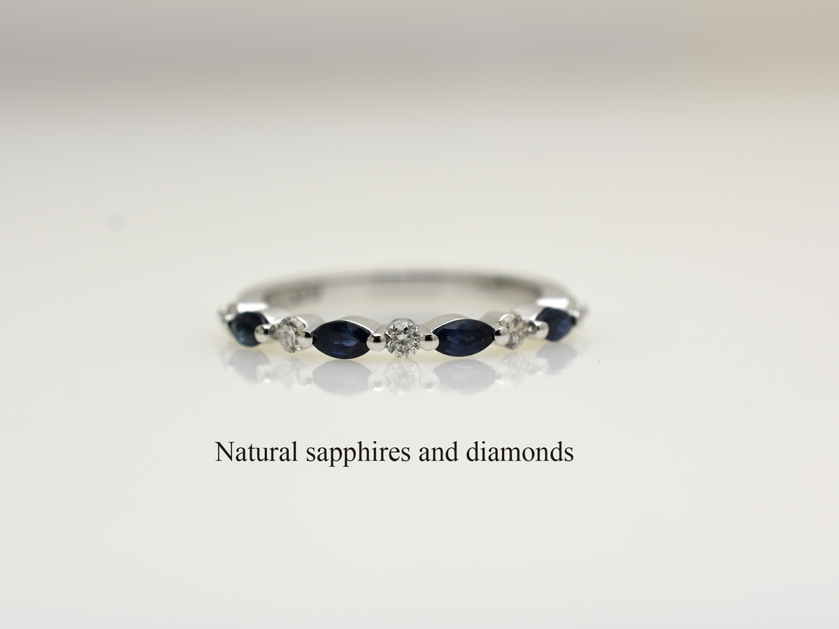 14k White Gold Natural Sapphire & Diamond Ring | Marquise & Round Band