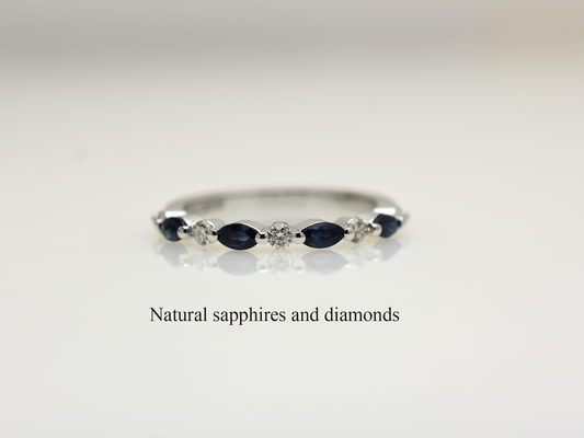 14k White Gold Natural Sapphire & Diamond Ring | Marquise & Round Band