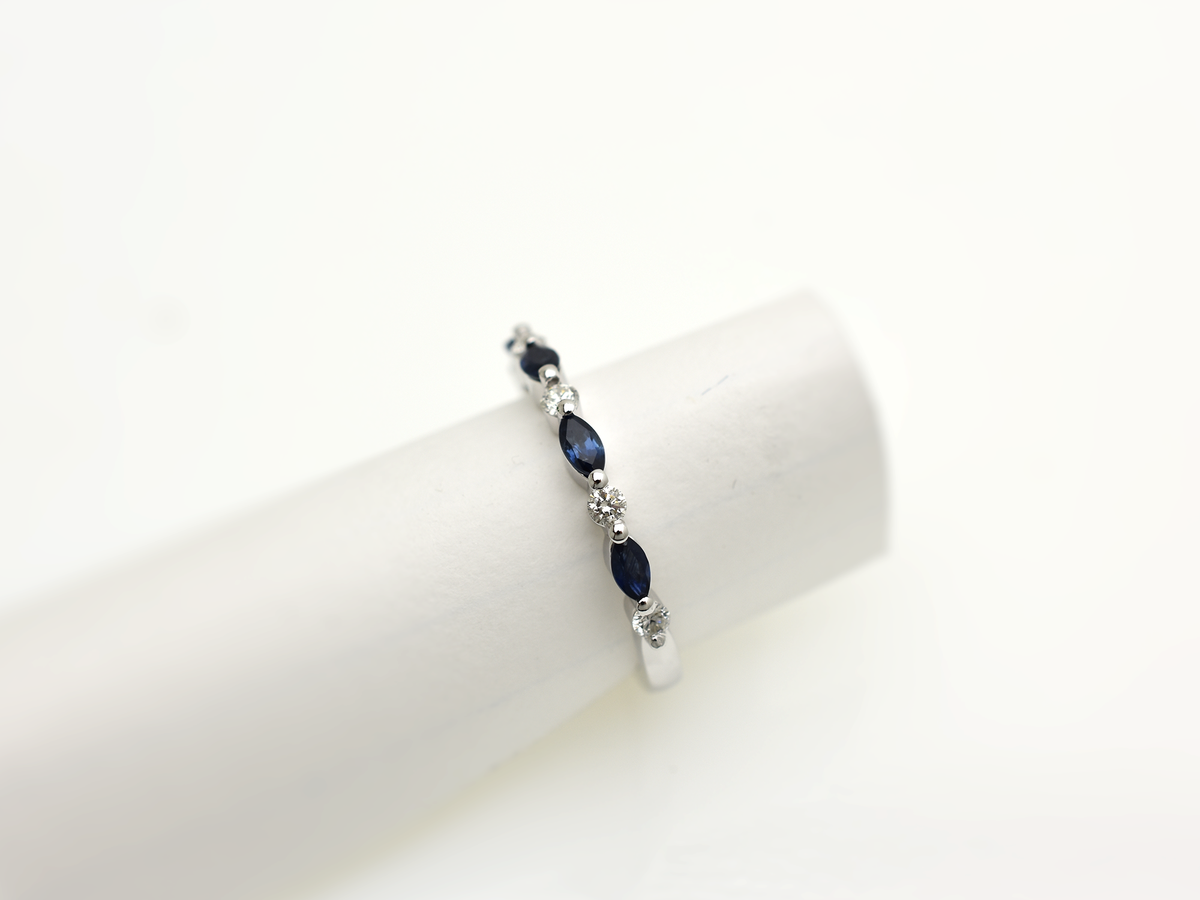 14k White Gold Natural Sapphire & Diamond Ring | Marquise & Round Band
