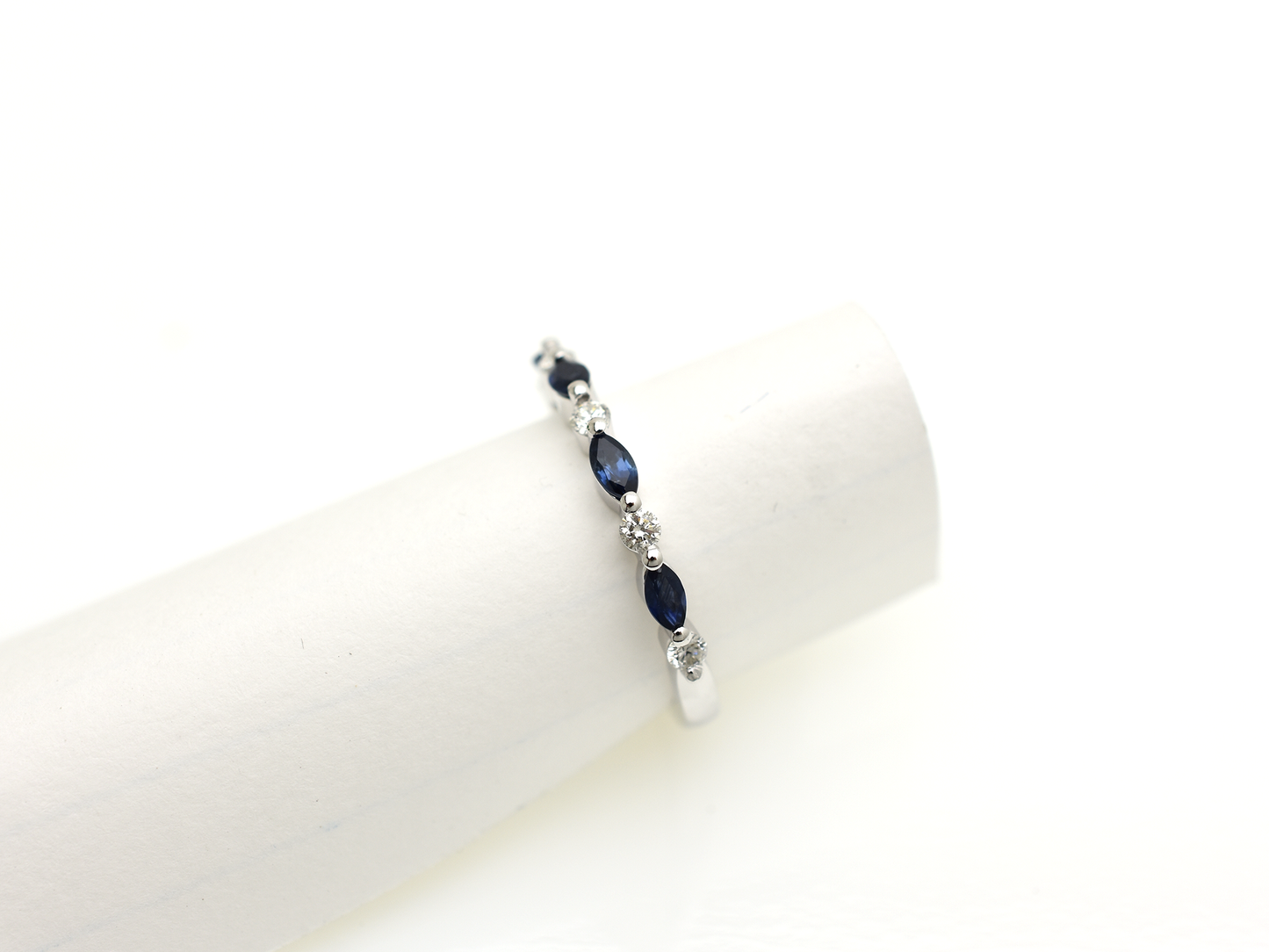 14k White Gold Natural Sapphire & Diamond Ring | Marquise & Round Band