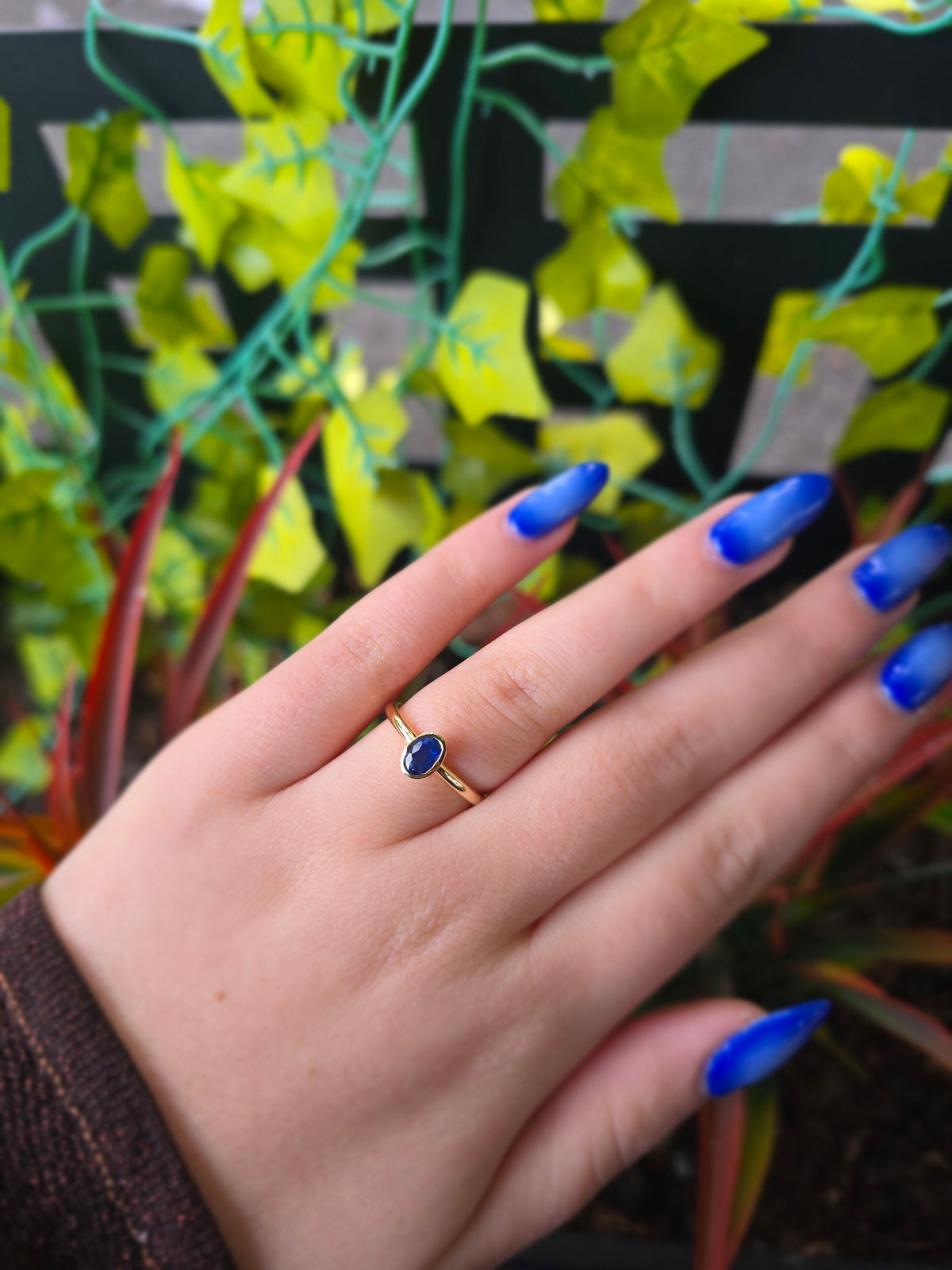 Blue Sapphire Solitaire Ring in 14k Gold • Bezel Set Oval Sapphire Engagement Ring