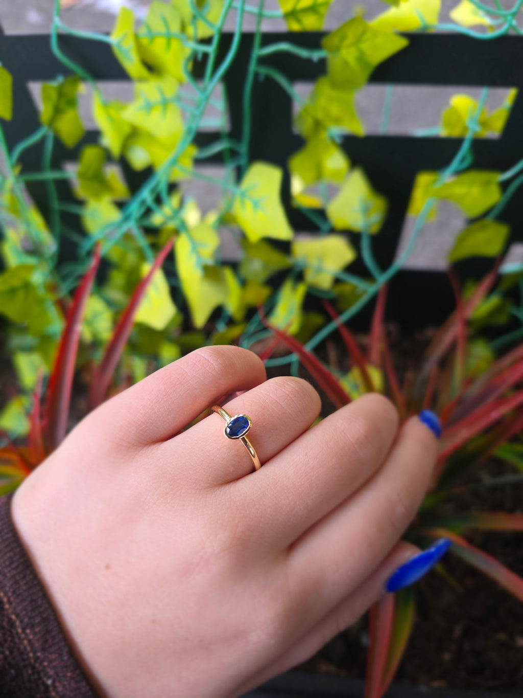 Blue Sapphire Solitaire Ring in 14k Gold • Bezel Set Oval Sapphire Engagement Ring