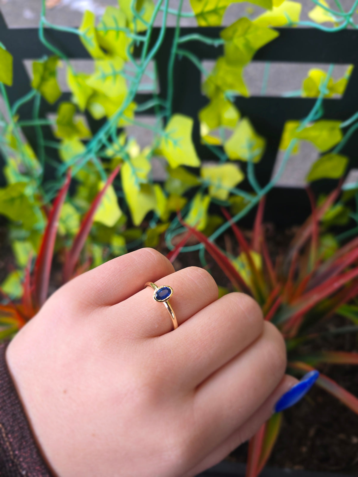Blue Sapphire Solitaire Ring in 14k Gold • Bezel Set Oval Sapphire Engagement Ring