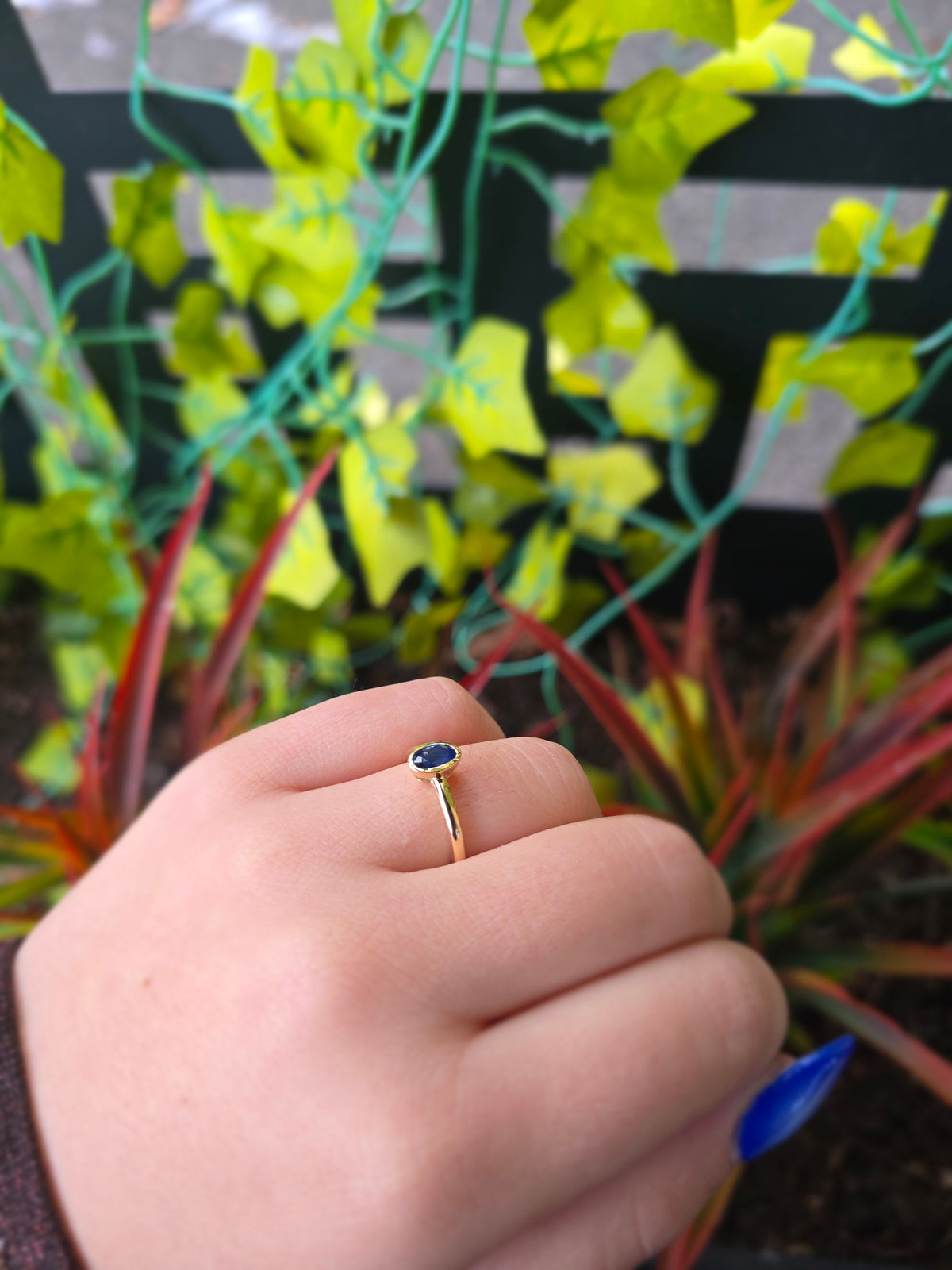 Blue Sapphire Solitaire Ring in 14k Gold • Bezel Set Oval Sapphire Engagement Ring