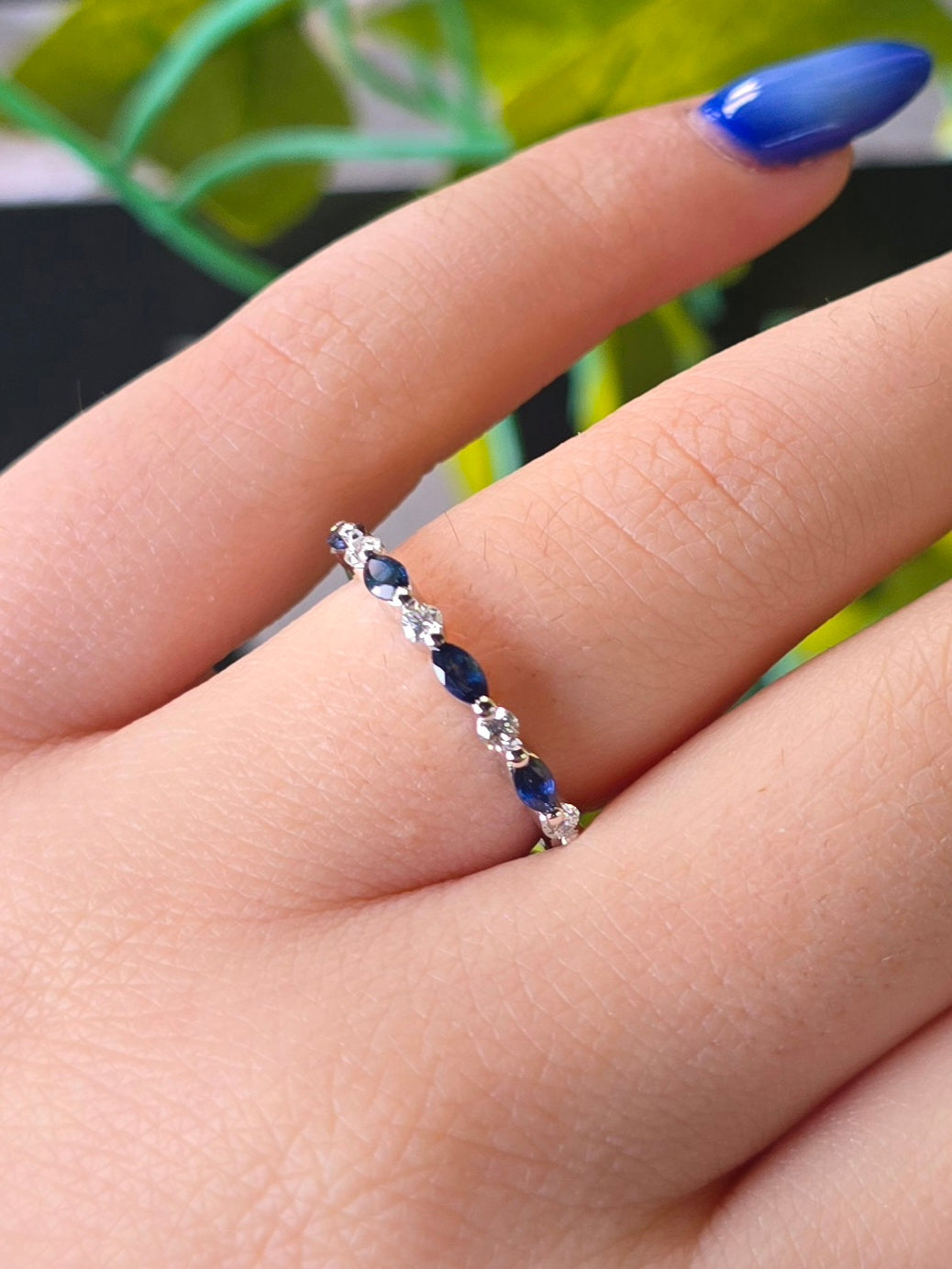 14k White Gold Natural Sapphire & Diamond Ring | Marquise & Round Band