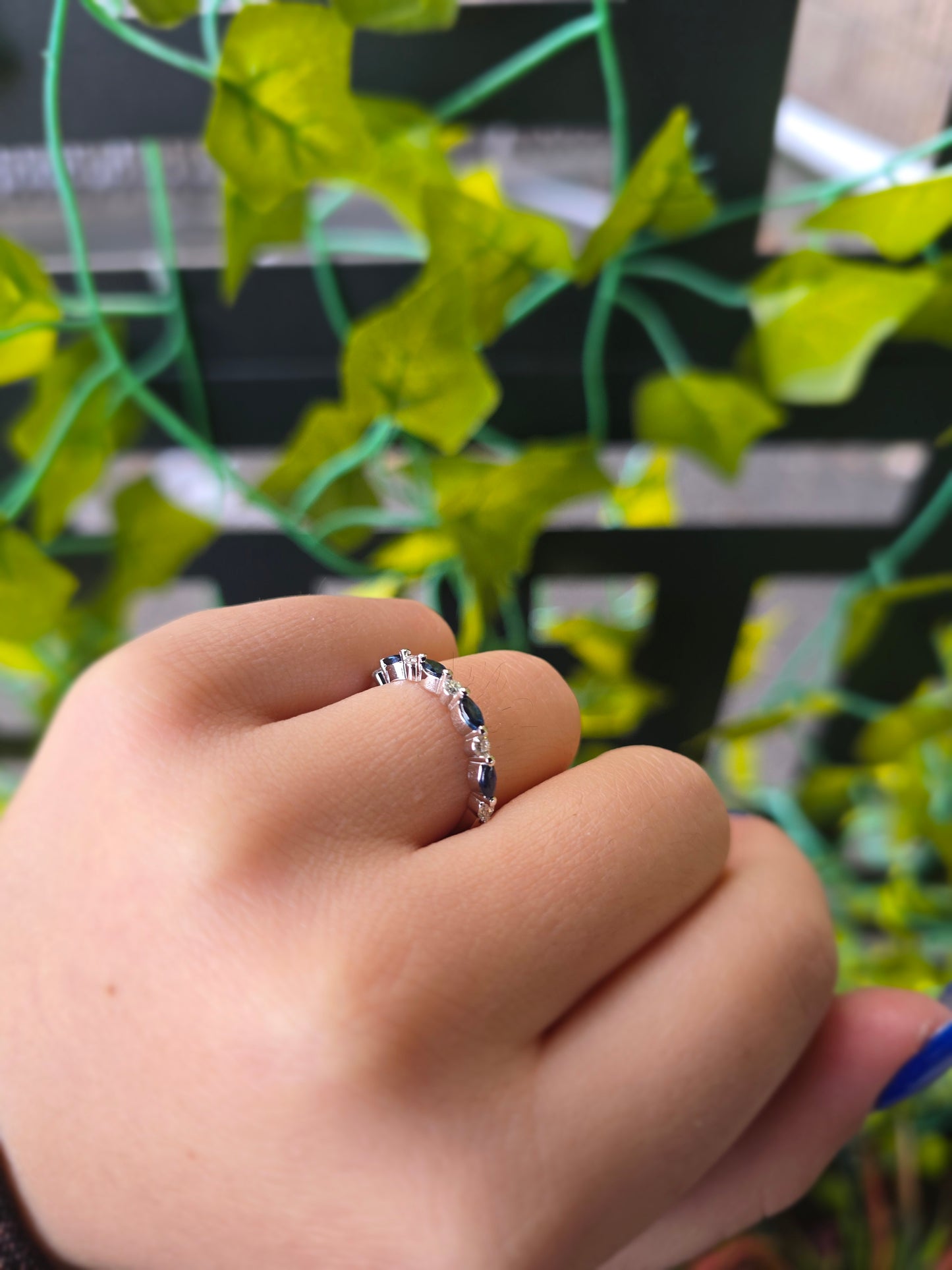 14k White Gold Natural Sapphire & Diamond Ring | Marquise & Round Band