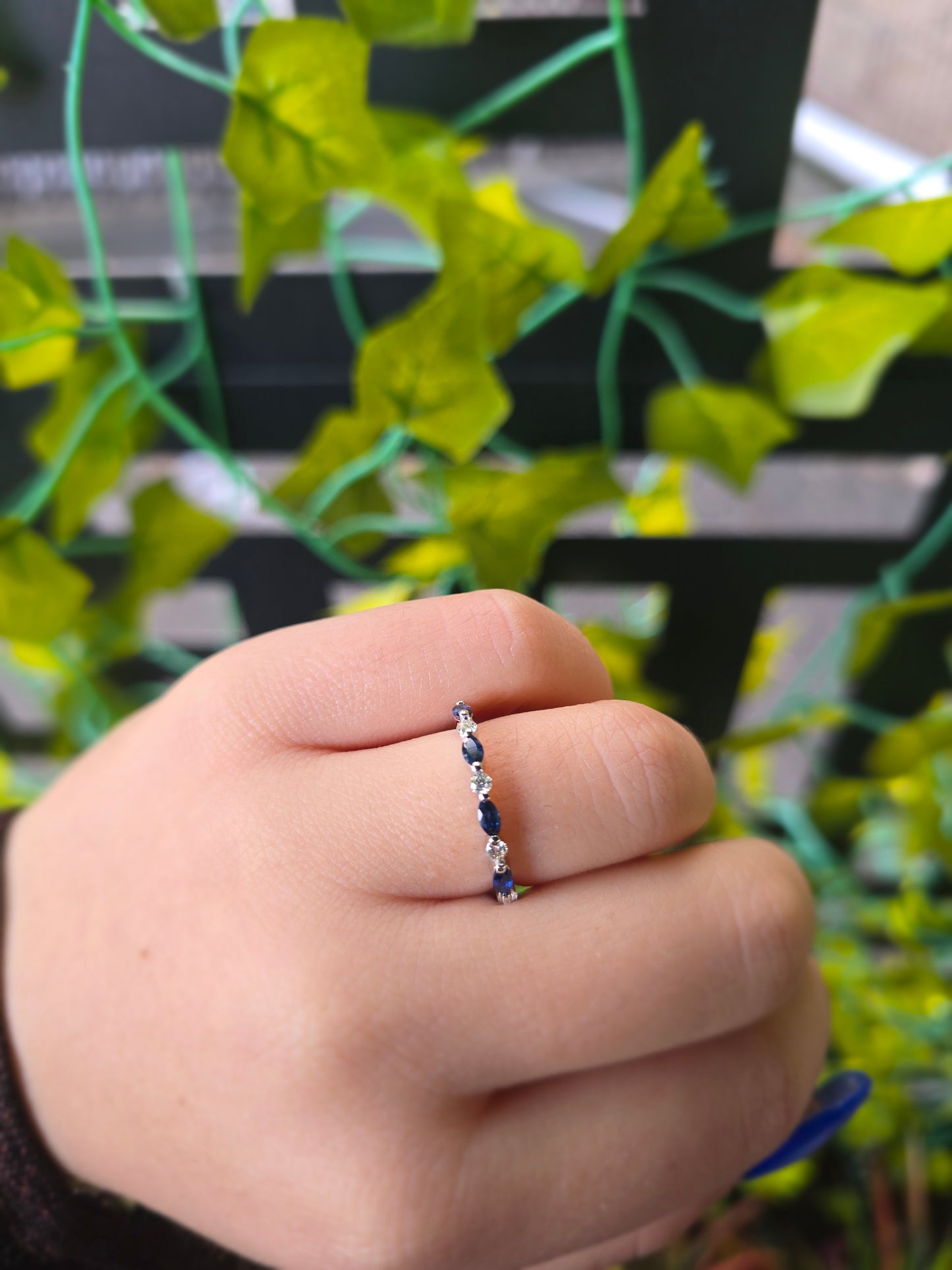 14k White Gold Natural Sapphire & Diamond Ring | Marquise & Round Band