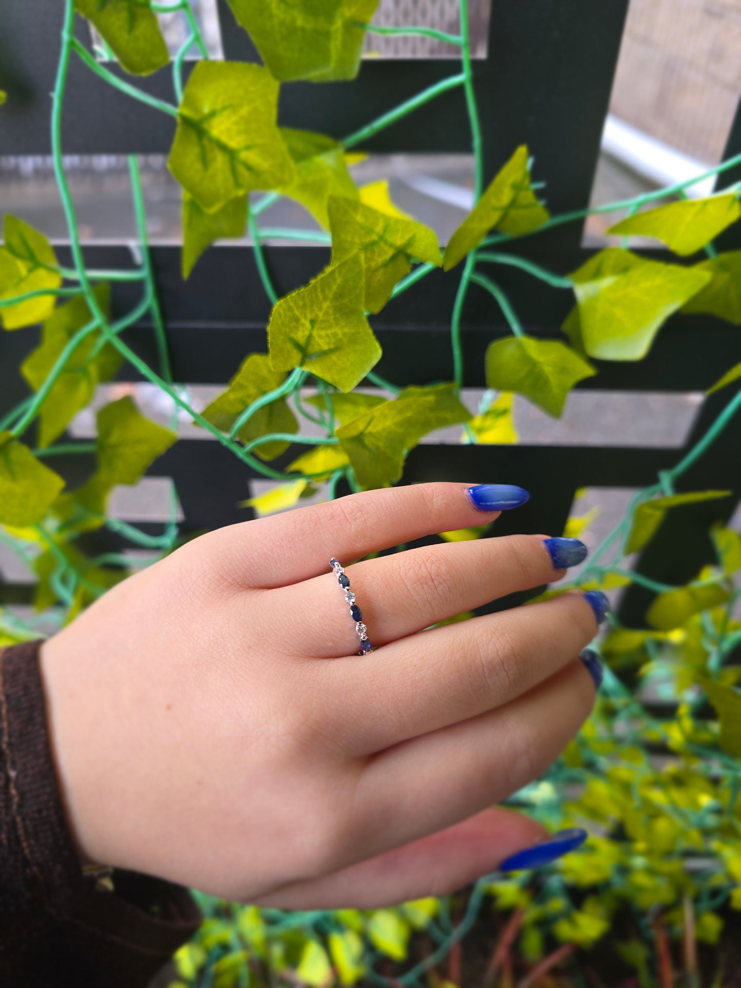 14k White Gold Natural Sapphire & Diamond Ring | Marquise & Round Band