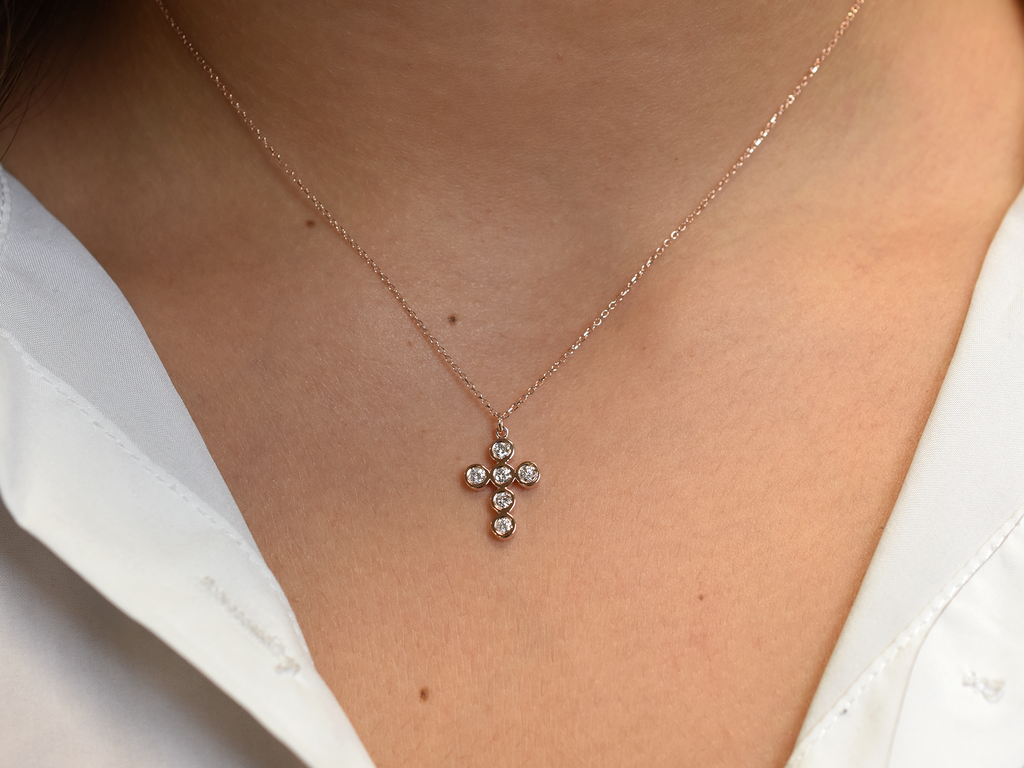 14k bezel set diamond cross for ladies - 14k yellow gold cross - 14 k white gold cross - 14 k rose gold cross - layering cross necklace - statement diamond cross - baptism cross -