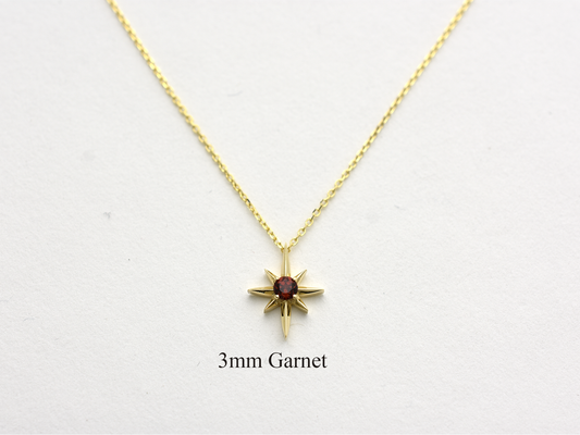 14k Gold Garnet North Star Necklace 0.10ct: Minimalist Starburst Pendant, January Birthstone Gift