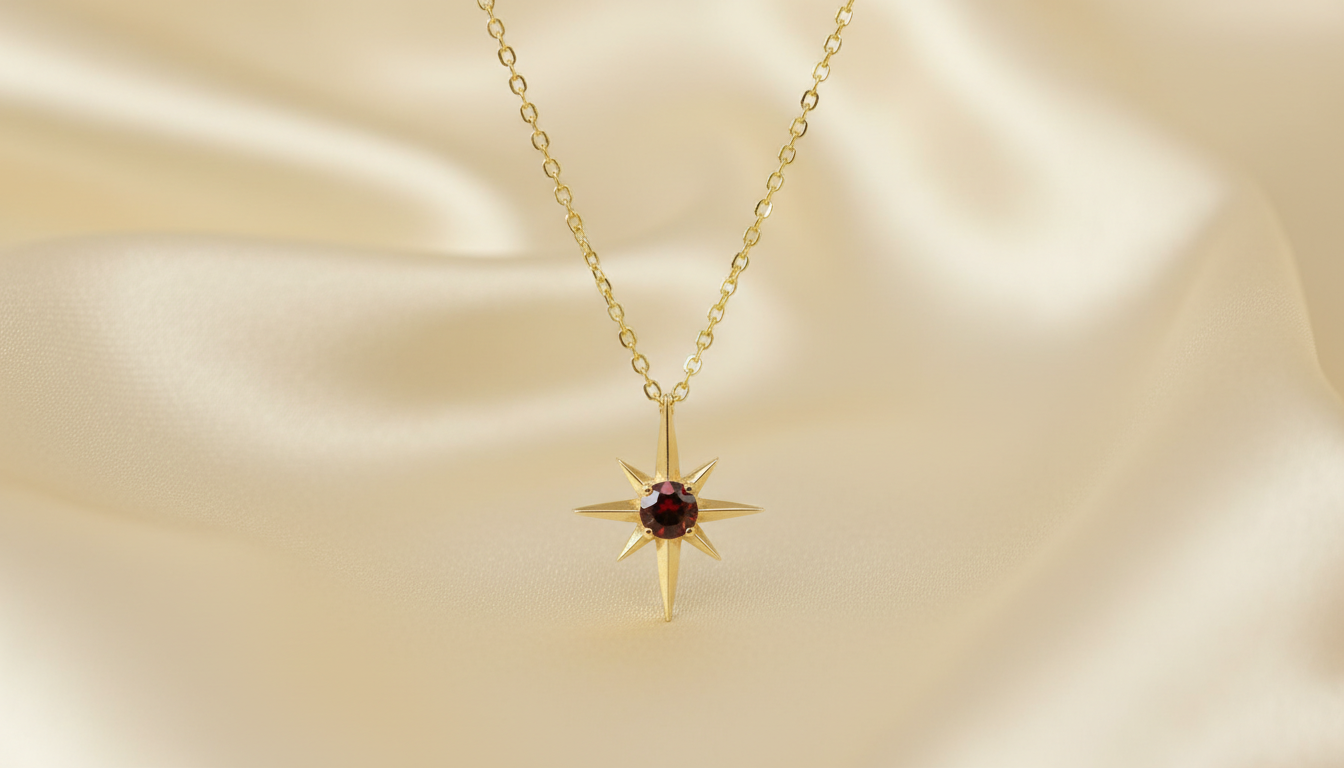 14k Solid Gold North Star Necklace | Red Garnet Starburst Pendant | January Birthstone