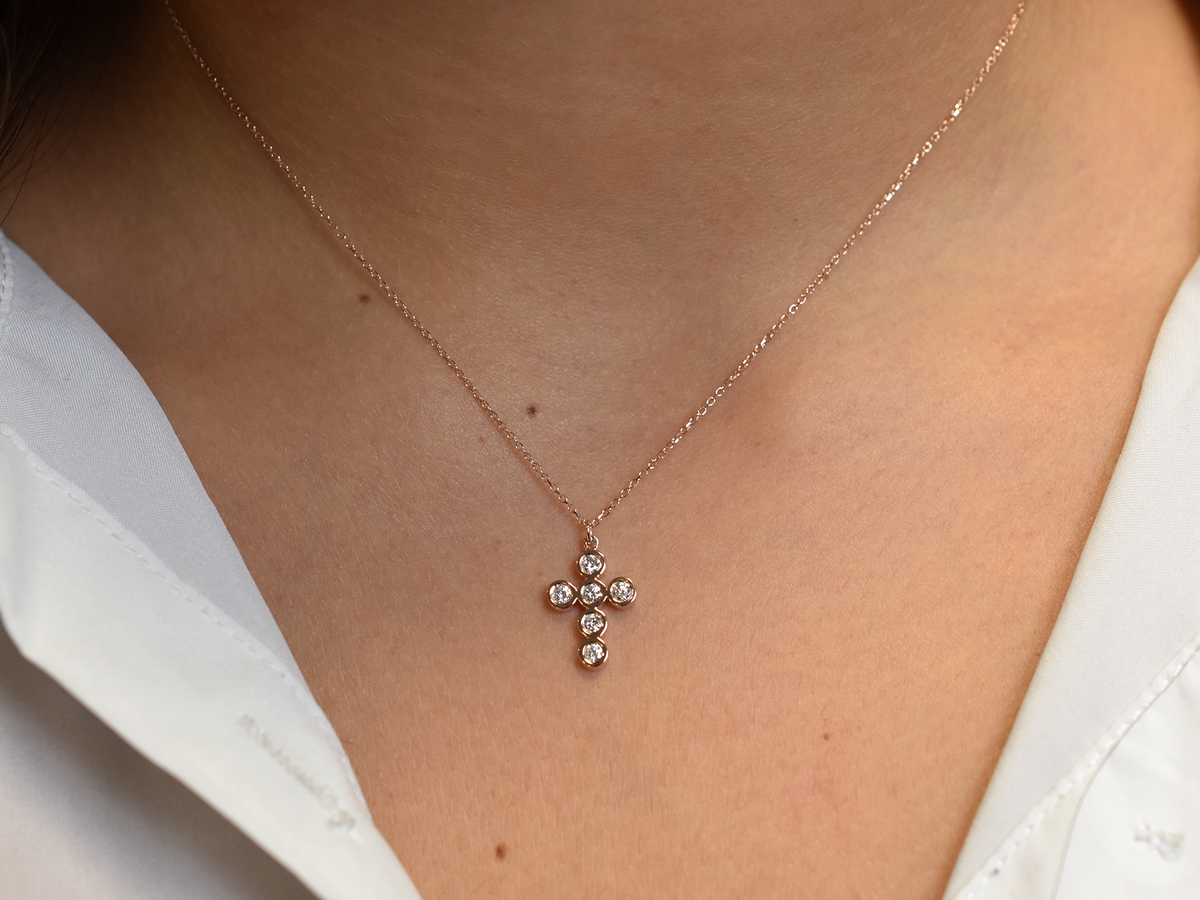 14k Gold Diamond Bezel Cross Necklace 0.30 ct