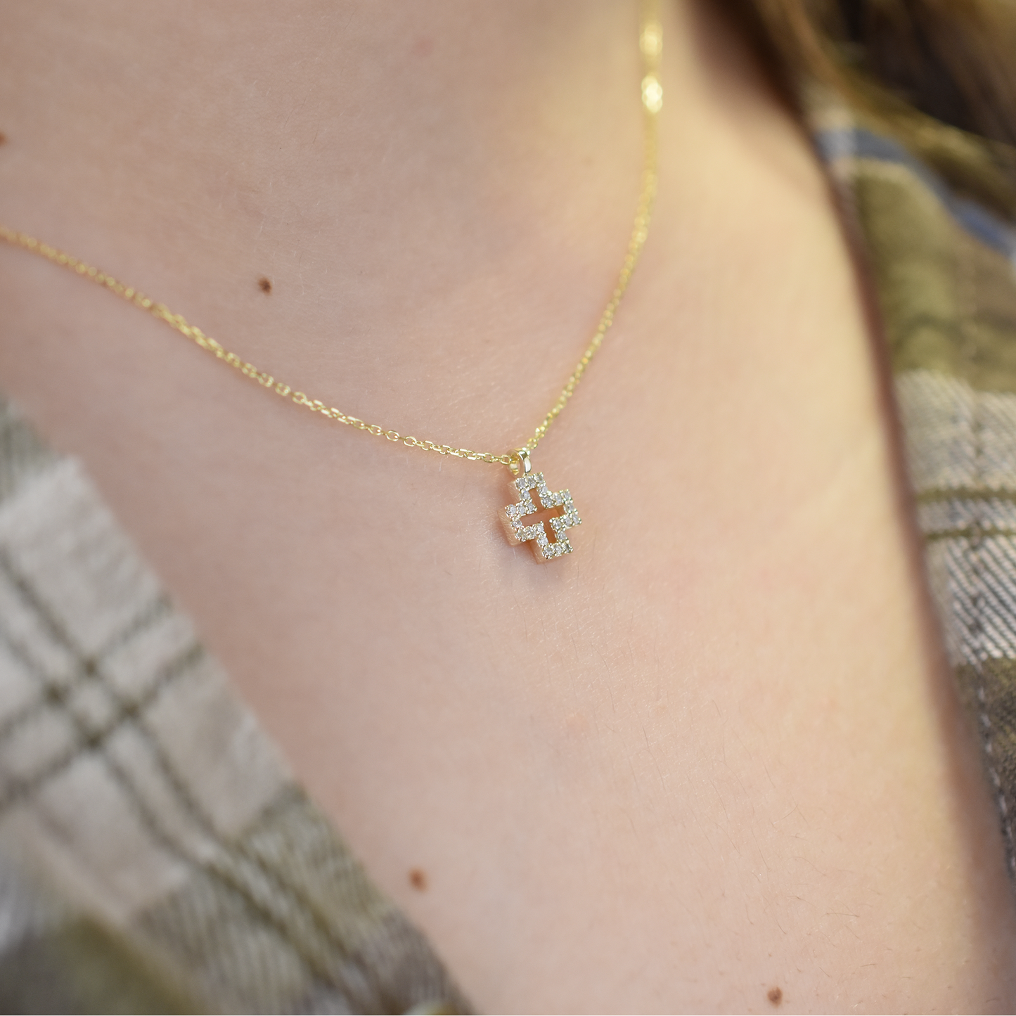14k Small Diamond Cross Necklace