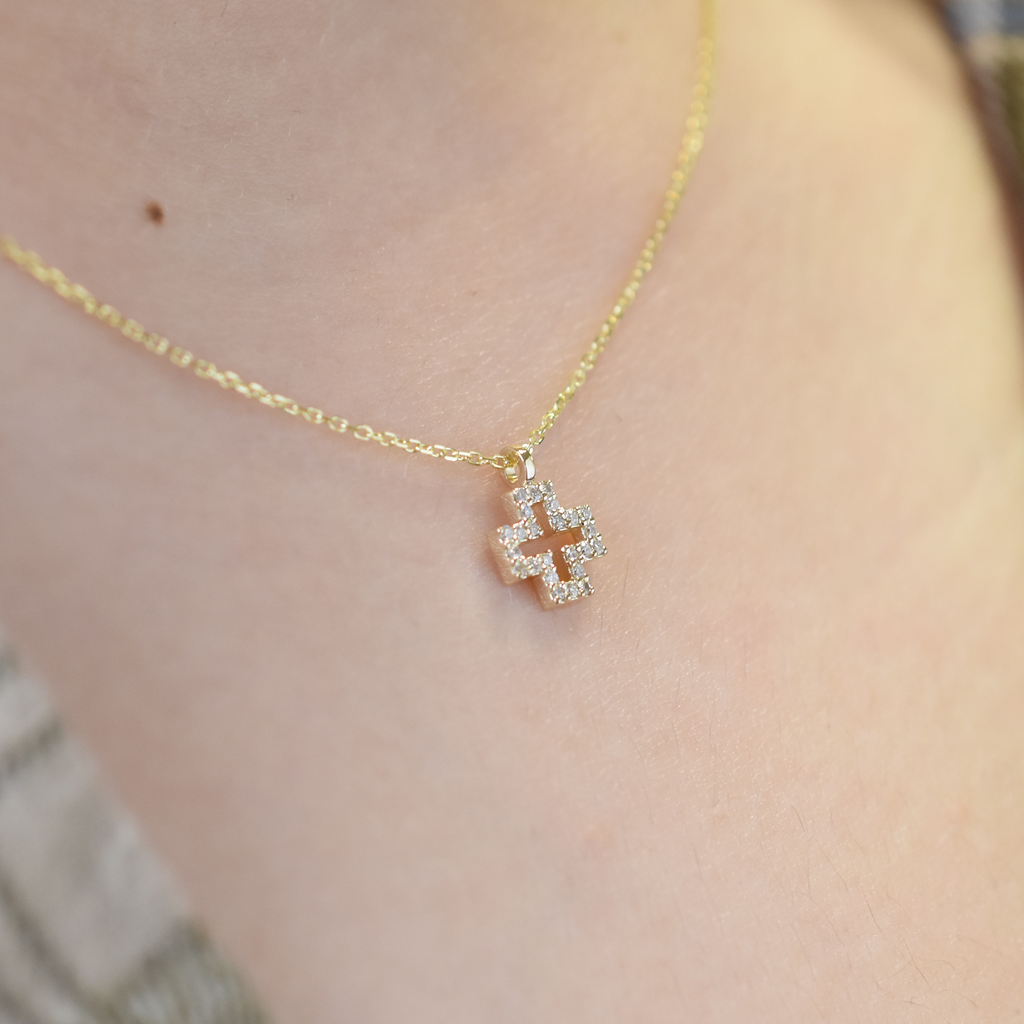 14k Small Diamond Cross Necklace