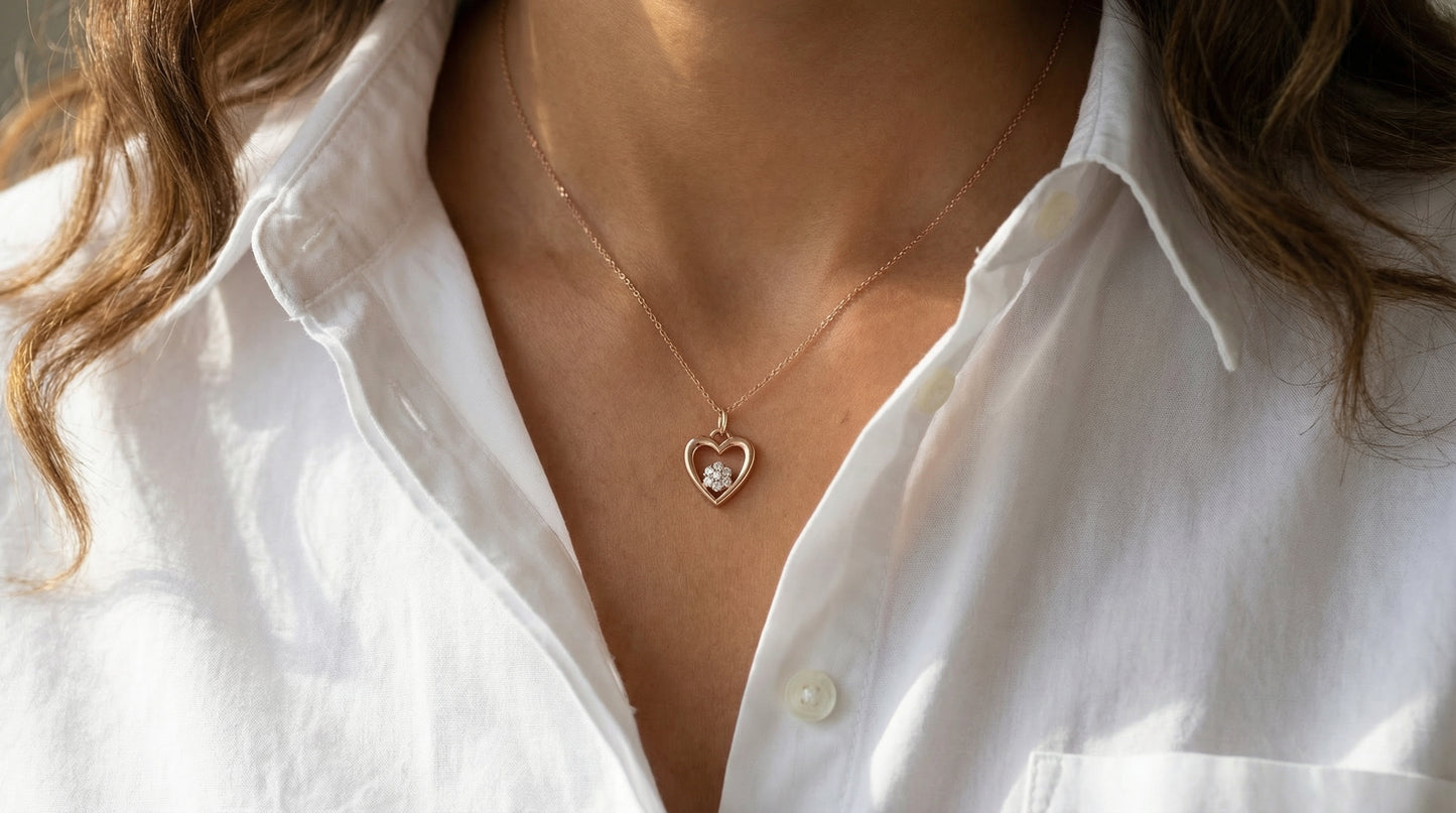 featuring a 14k gold heart necklace with a flower cluster motive 11 mm in dimension . the chain is a 14k sold gold cable link chain with a lobster lock 