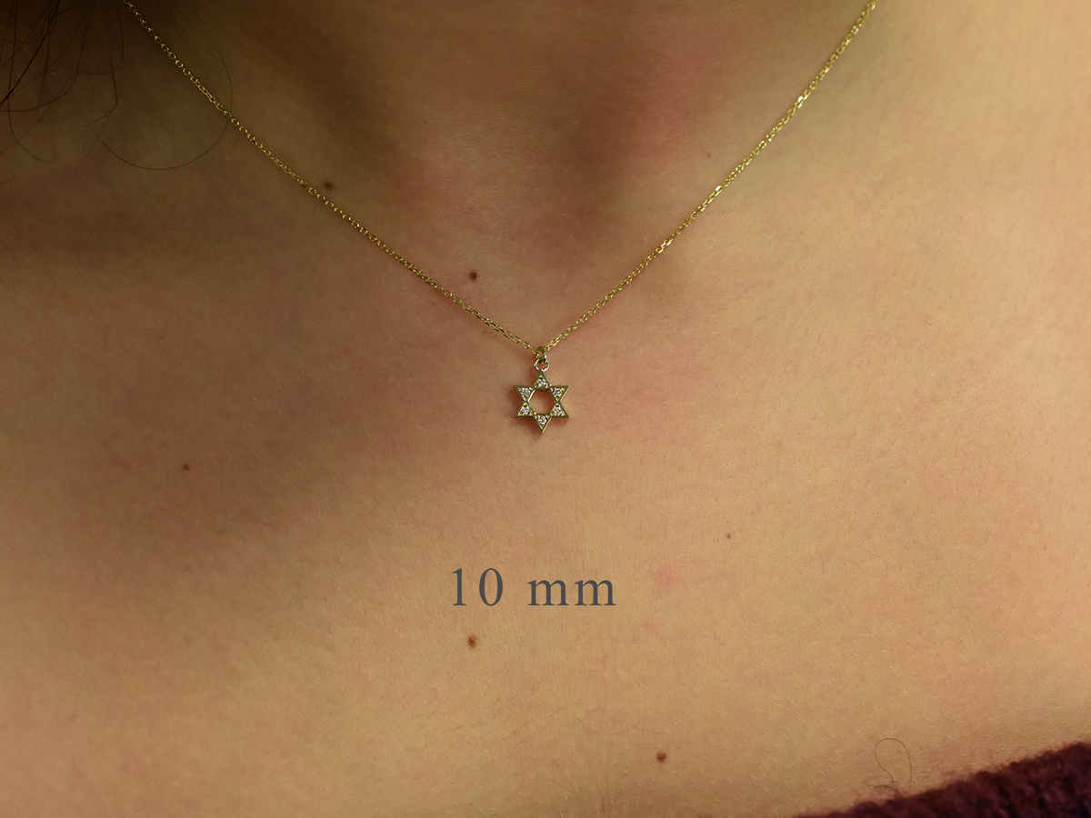 14k gold and diamond star of David necklace on the neck