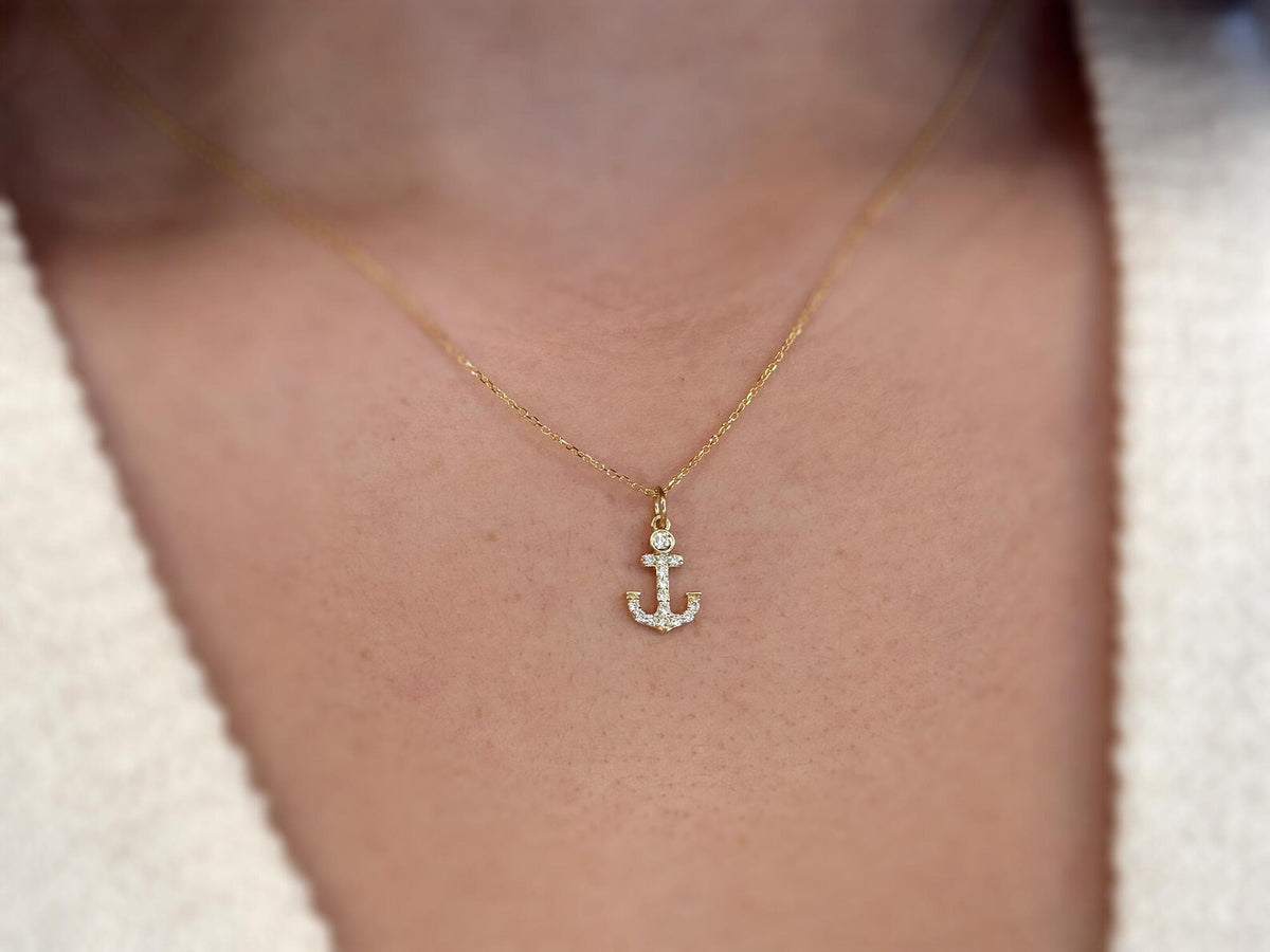 14k Gold Diamond Anchor Necklace