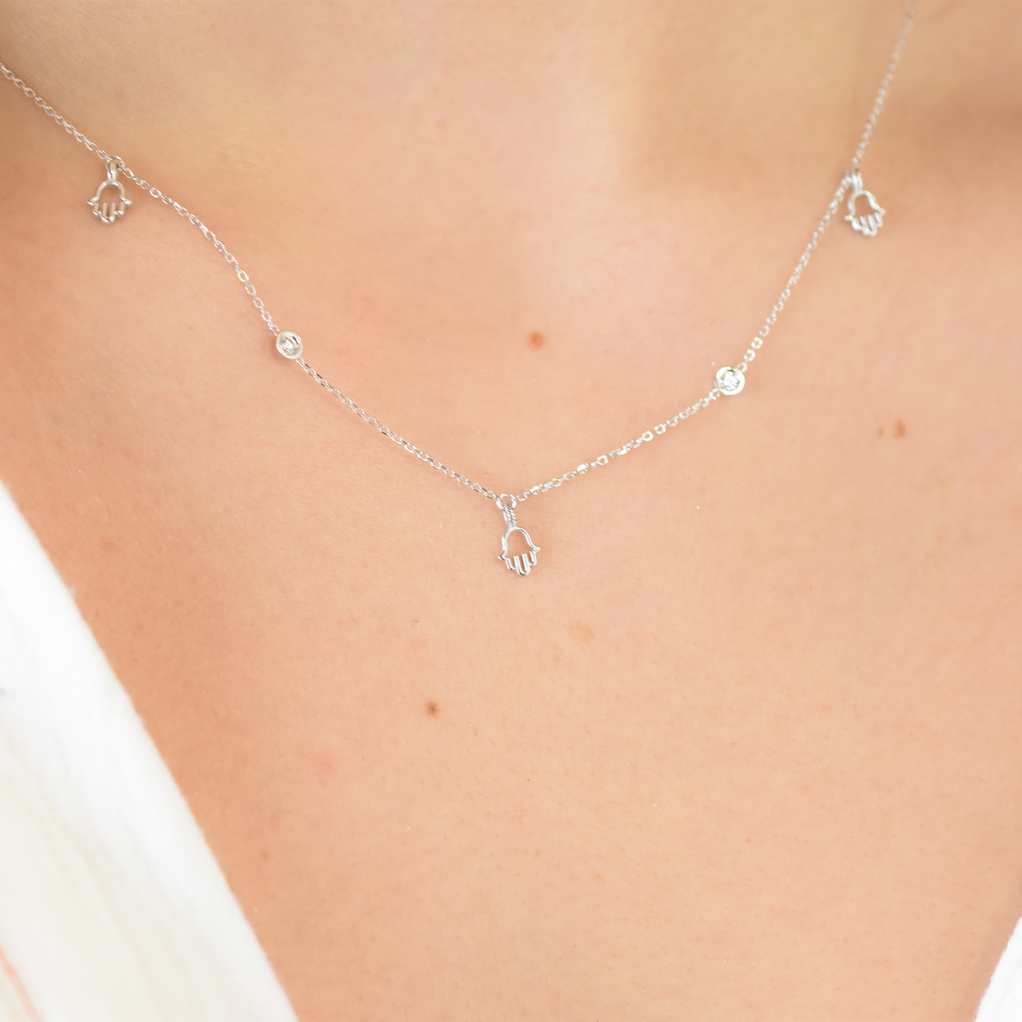 14k Mini Diamond Hamsa Station Necklace