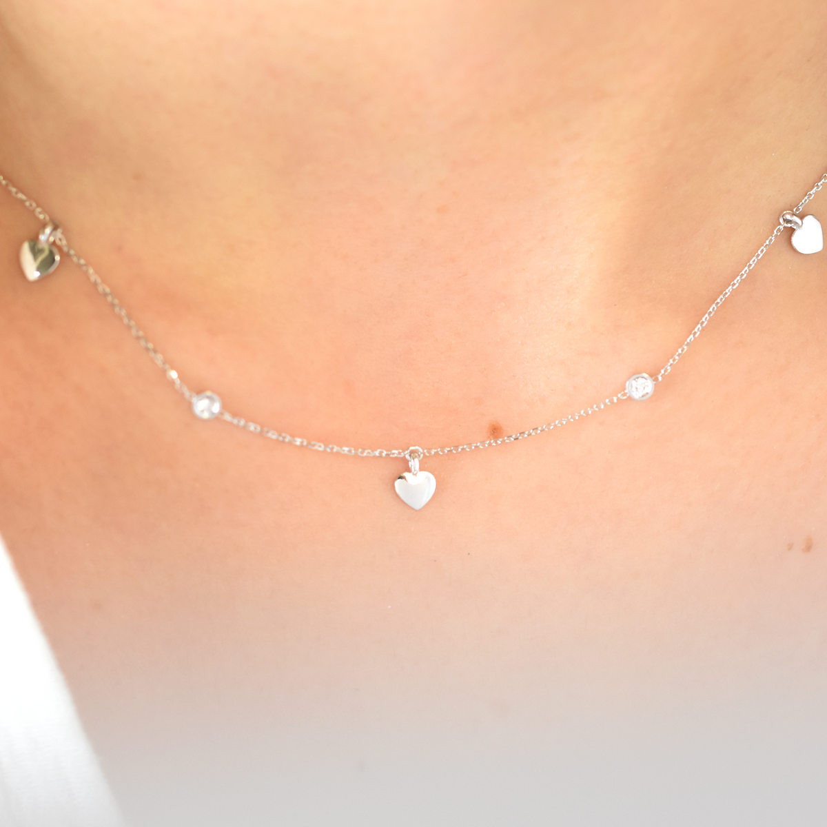 14k Mini Diamond Heart Station Necklace