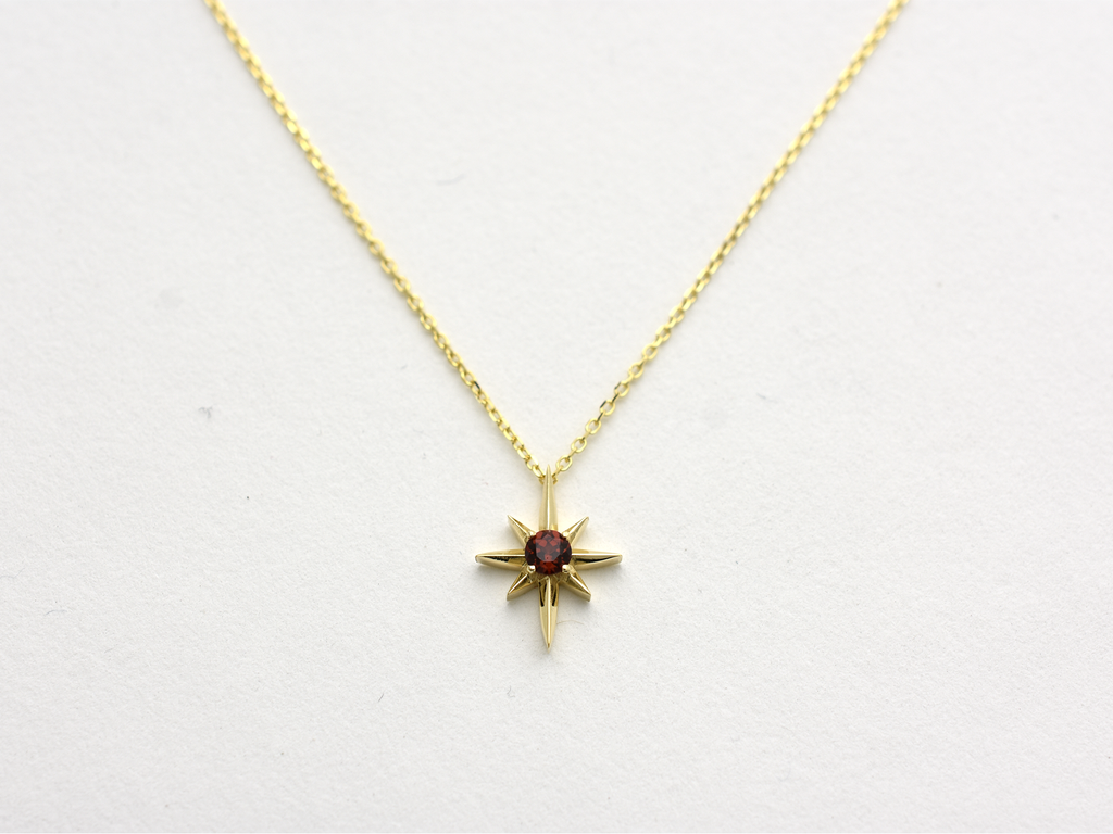 14k Gold Garnet North Star Necklace 0.10ct: Minimalist Starburst Pendant, January Birthstone Gift