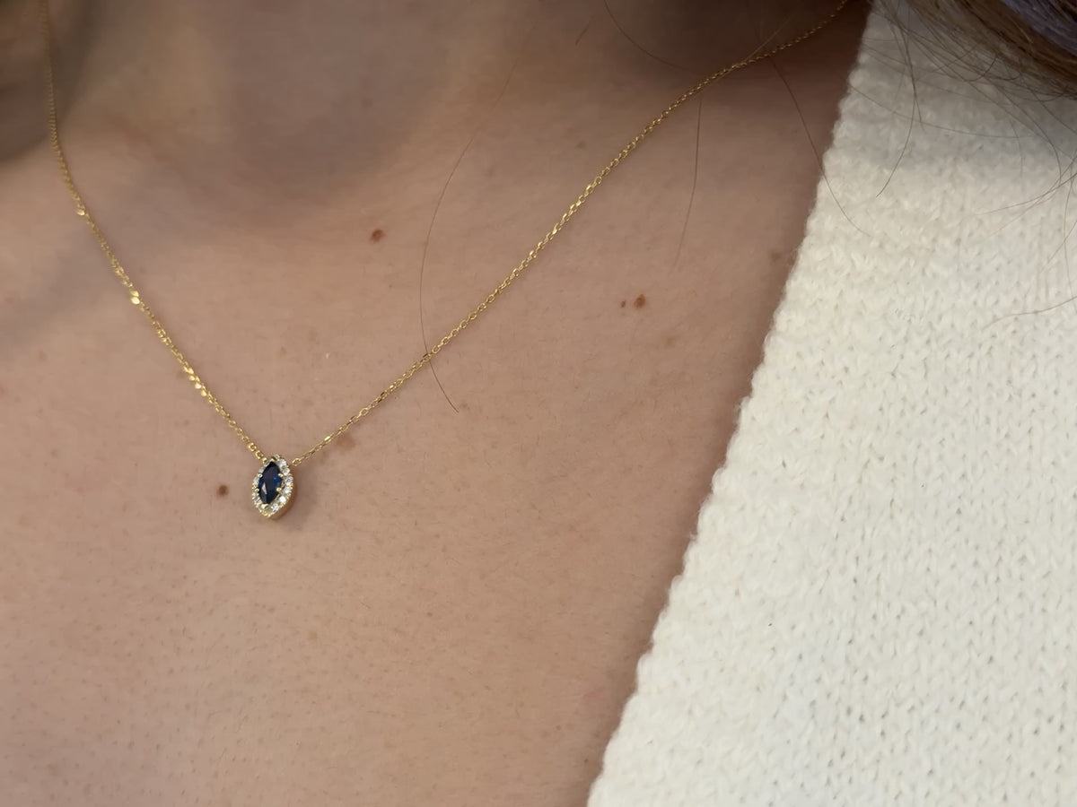 14K Gold Marquise Sapphire Diamond Halo Necklace